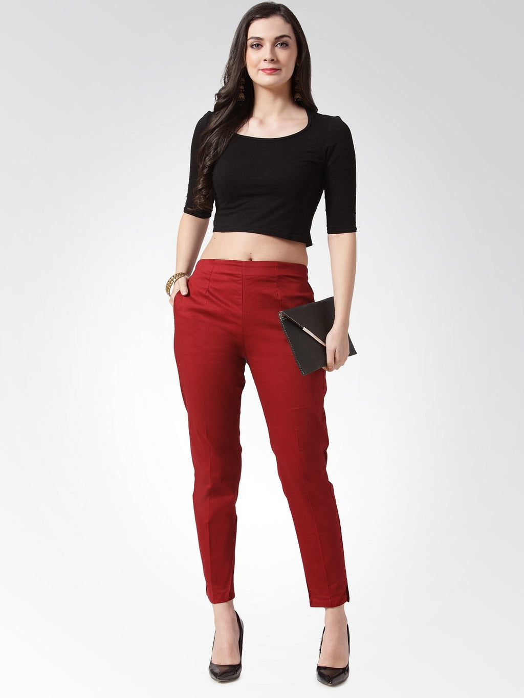 Jompers Women Maroon Smart Slim Fit Solid Regular Trousers | Grocsy