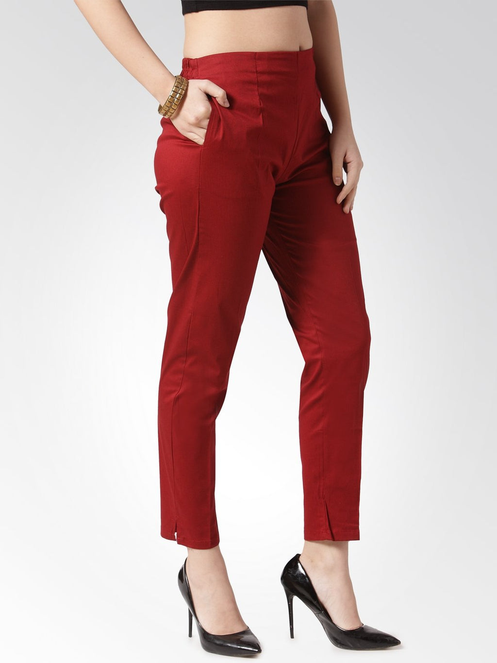 Jompers Women Maroon Smart Slim Fit Solid Regular Trousers | Grocsy
