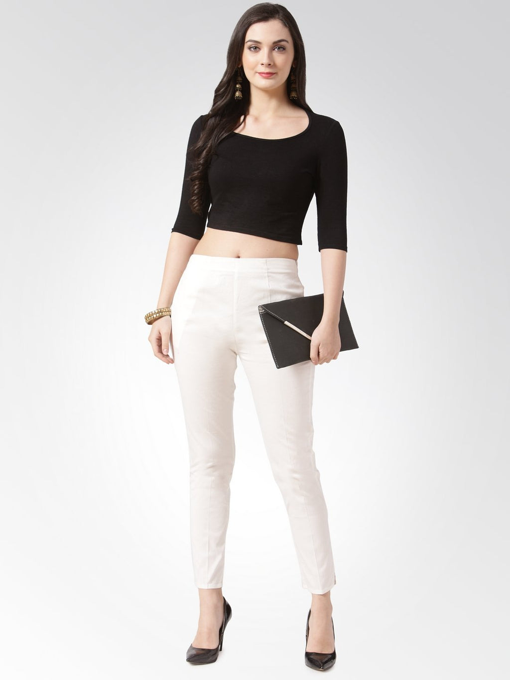 Jompers Women Off-White Smart Slim Fit Solid Regular Trousers | Grocsy