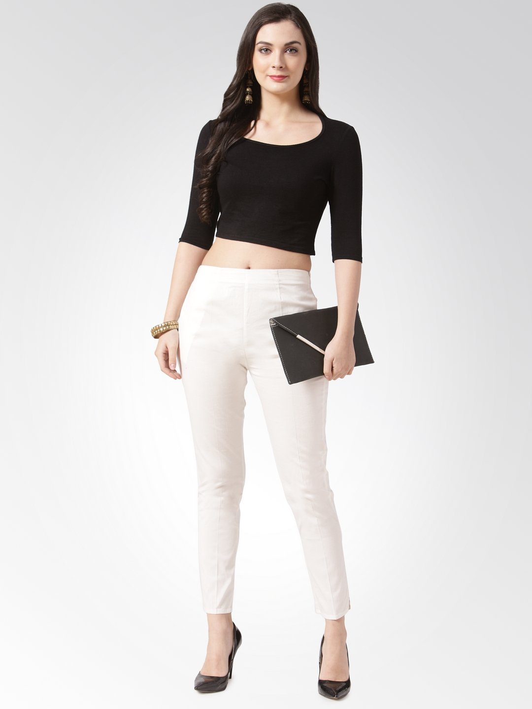Jompers Women Off-White Smart Slim Fit Solid Regular Trousers | Grocsy