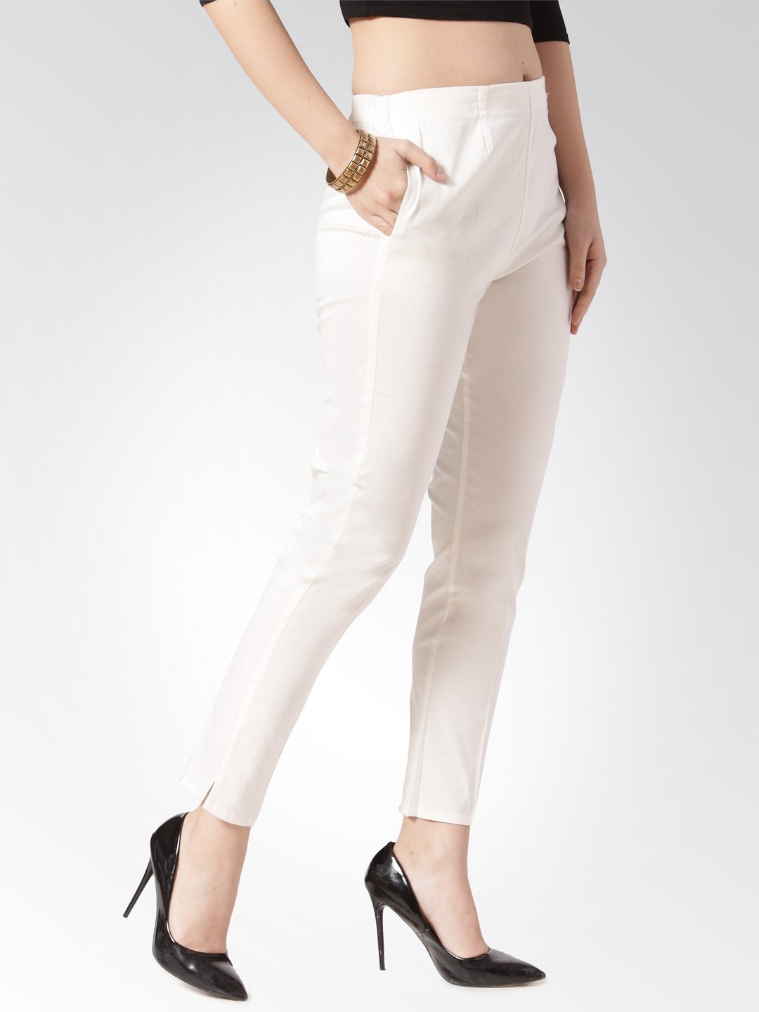 Jompers Women Off-White Smart Slim Fit Solid Regular Trousers | Grocsy