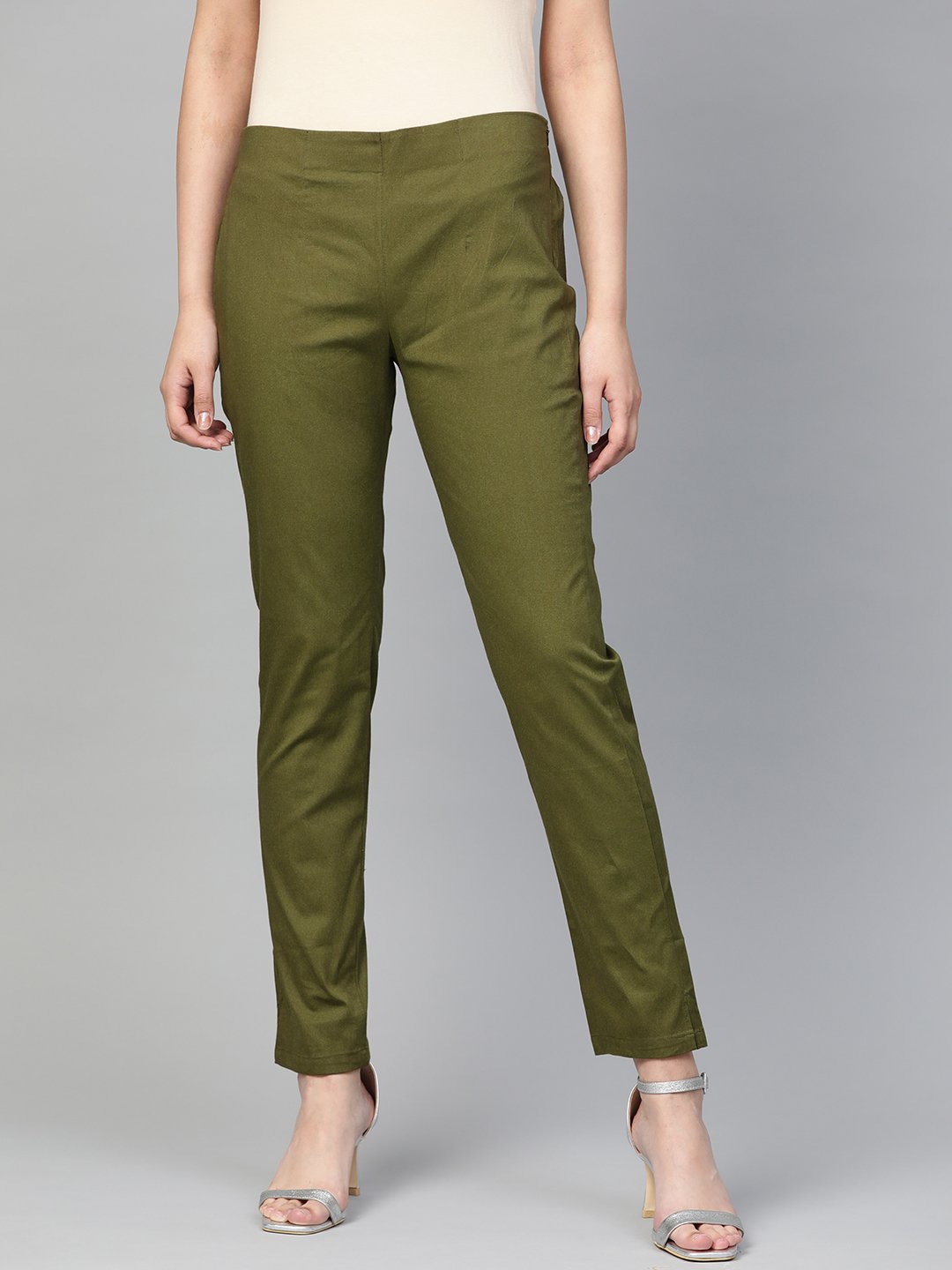 Jompers Women Olive Green Smart Slim Fit Solid Regular Trousers | Grocsy