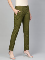 Jompers Women Olive Green Smart Slim Fit Solid Regular Trousers | Grocsy