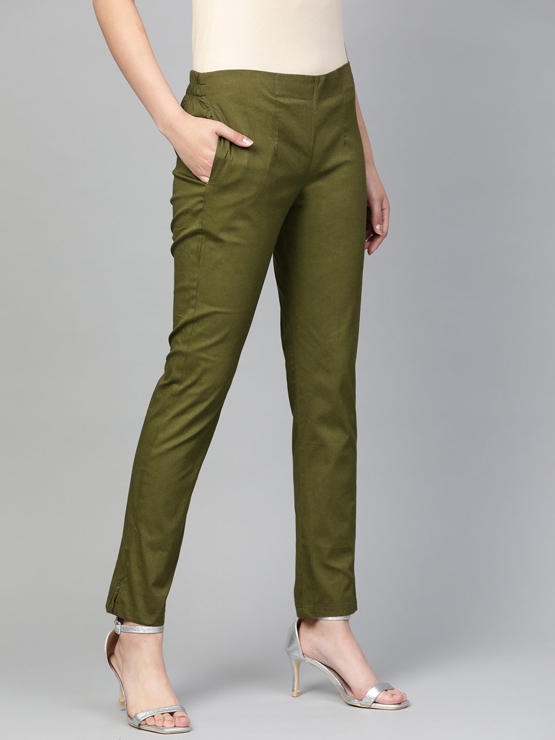 Jompers Women Olive Green Smart Slim Fit Solid Regular Trousers | Grocsy