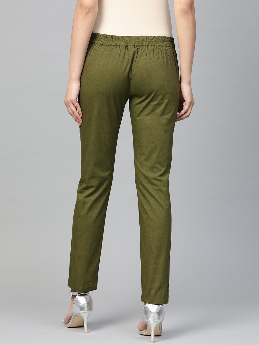 Jompers Women Olive Green Smart Slim Fit Solid Regular Trousers | Grocsy