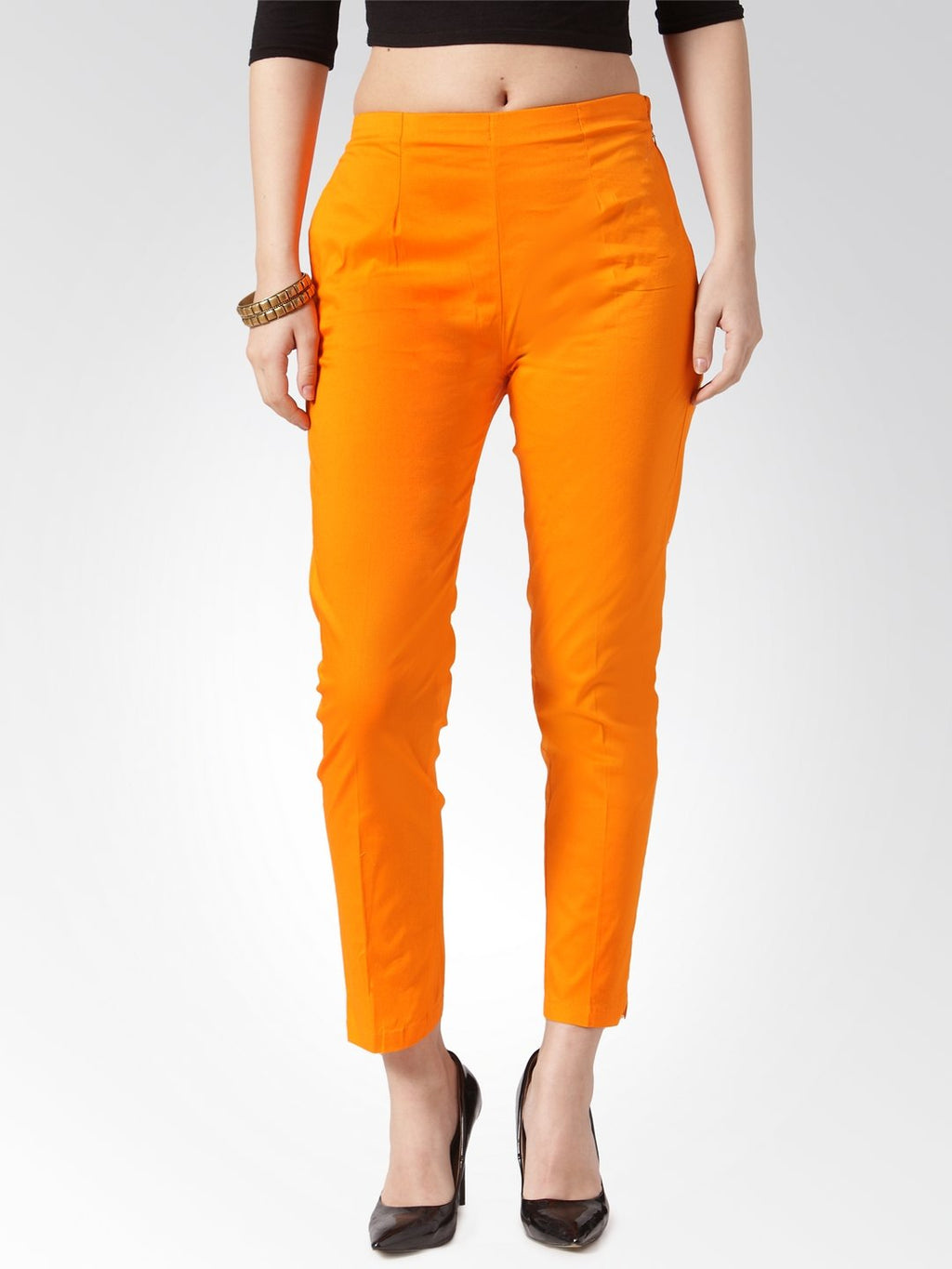 Jompers Women Orange Smart Slim Fit Solid Regular Trousers | Grocsy