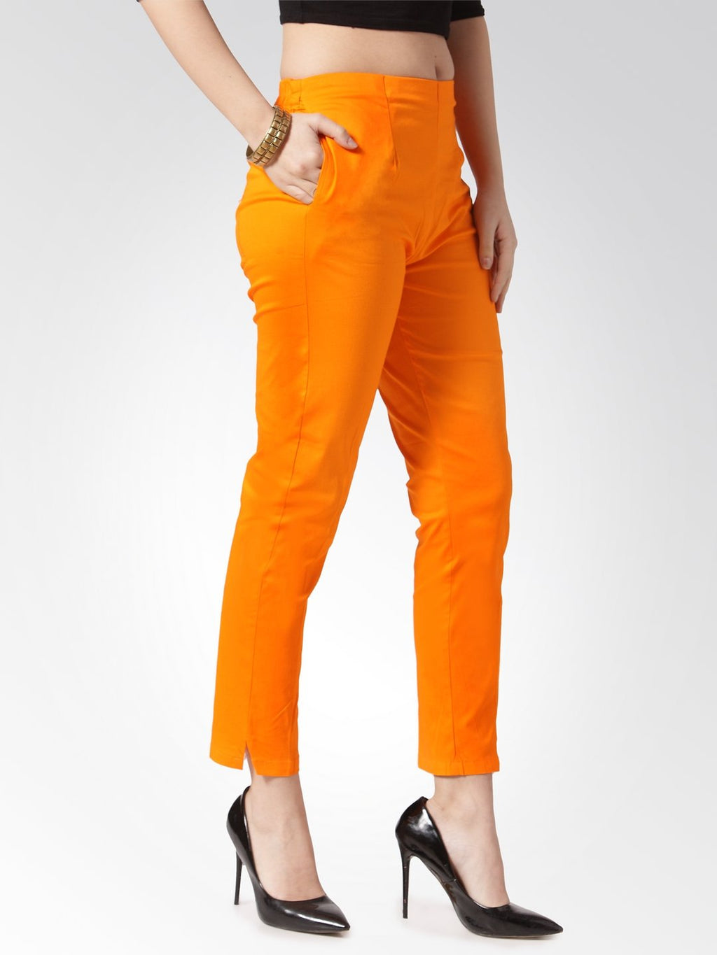 Jompers Women Orange Smart Slim Fit Solid Regular Trousers | Grocsy