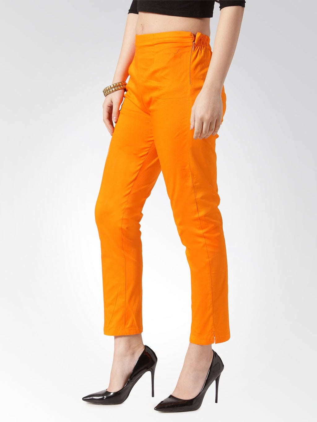 Jompers Women Orange Smart Slim Fit Solid Regular Trousers | Grocsy
