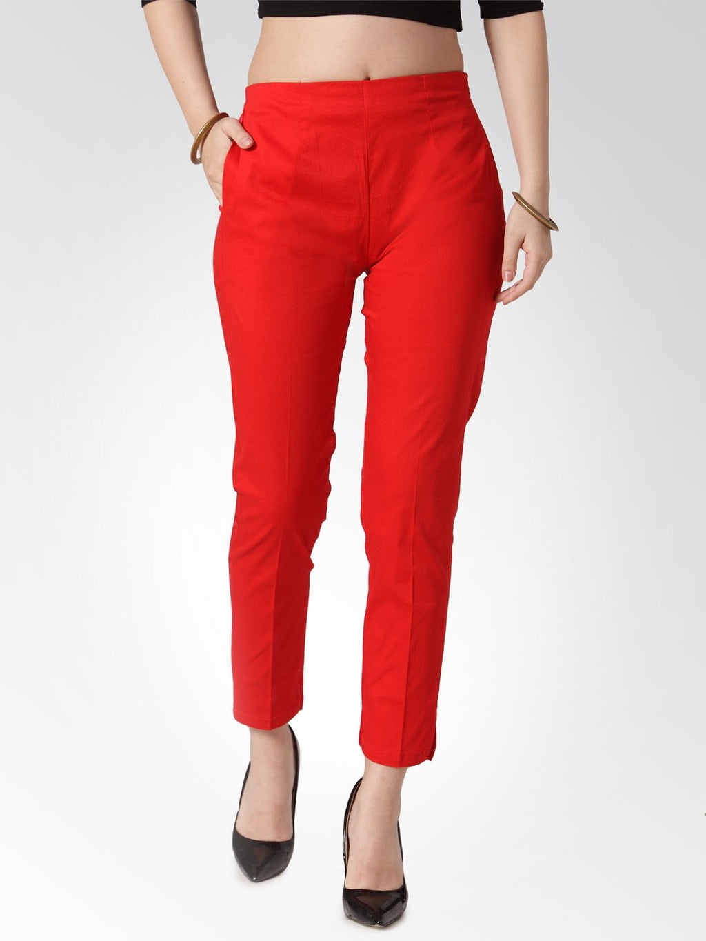 Jompers Women Red Smart Slim Fit Solid Regular Trousers | Grocsy