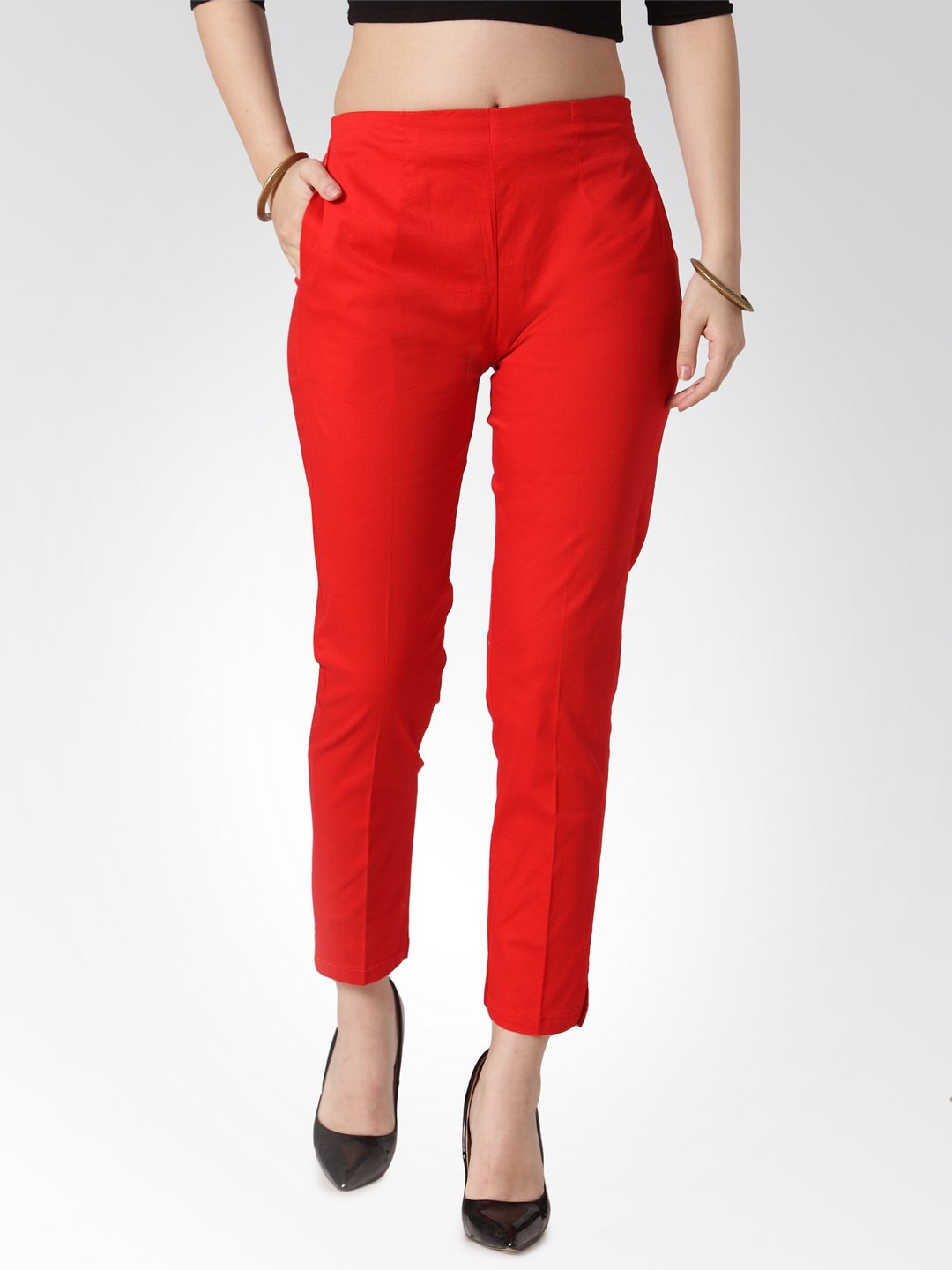 Jompers Women Red Smart Slim Fit Solid Regular Trousers | Grocsy