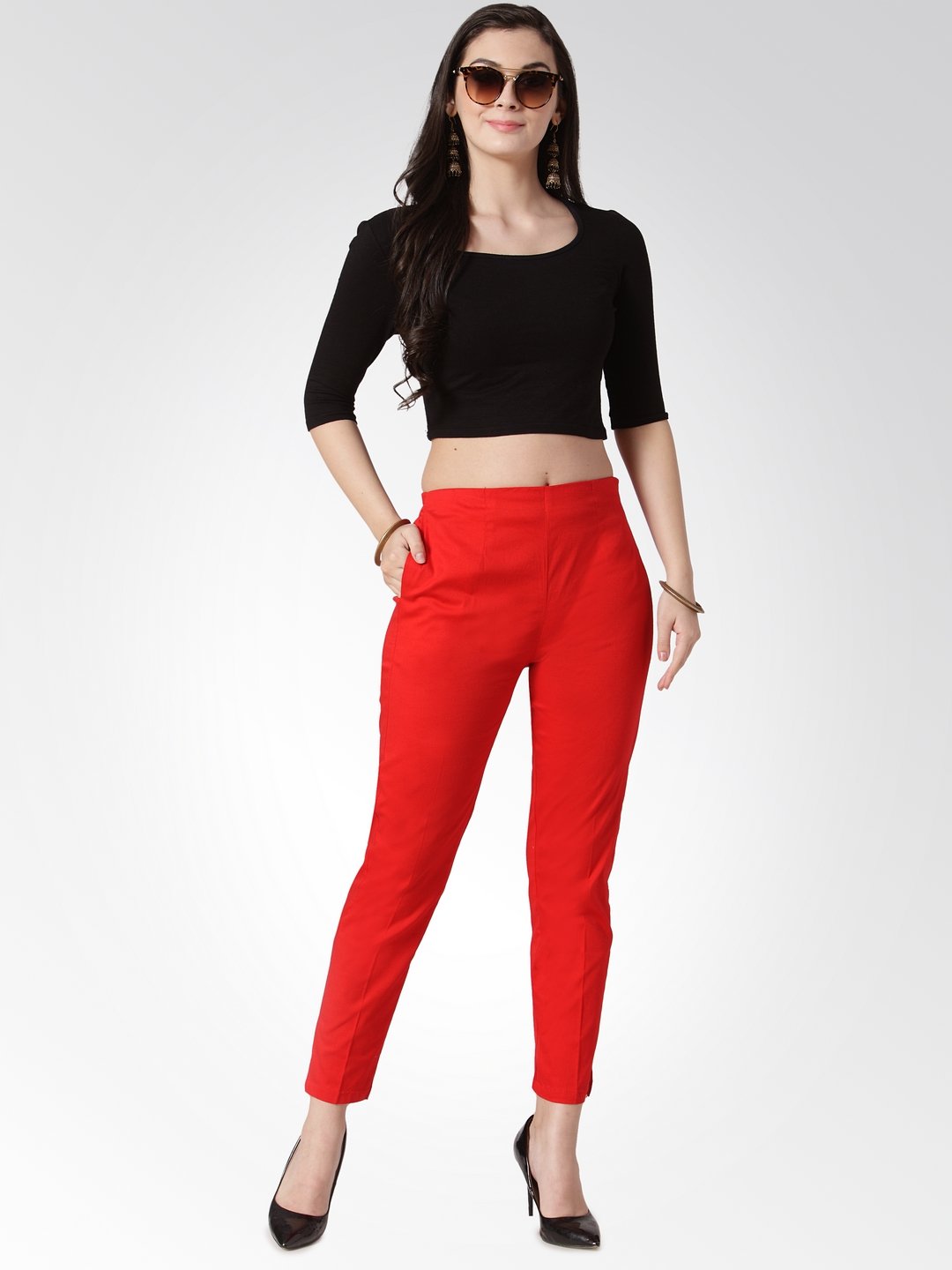 Jompers Women Red Smart Slim Fit Solid Regular Trousers | Grocsy