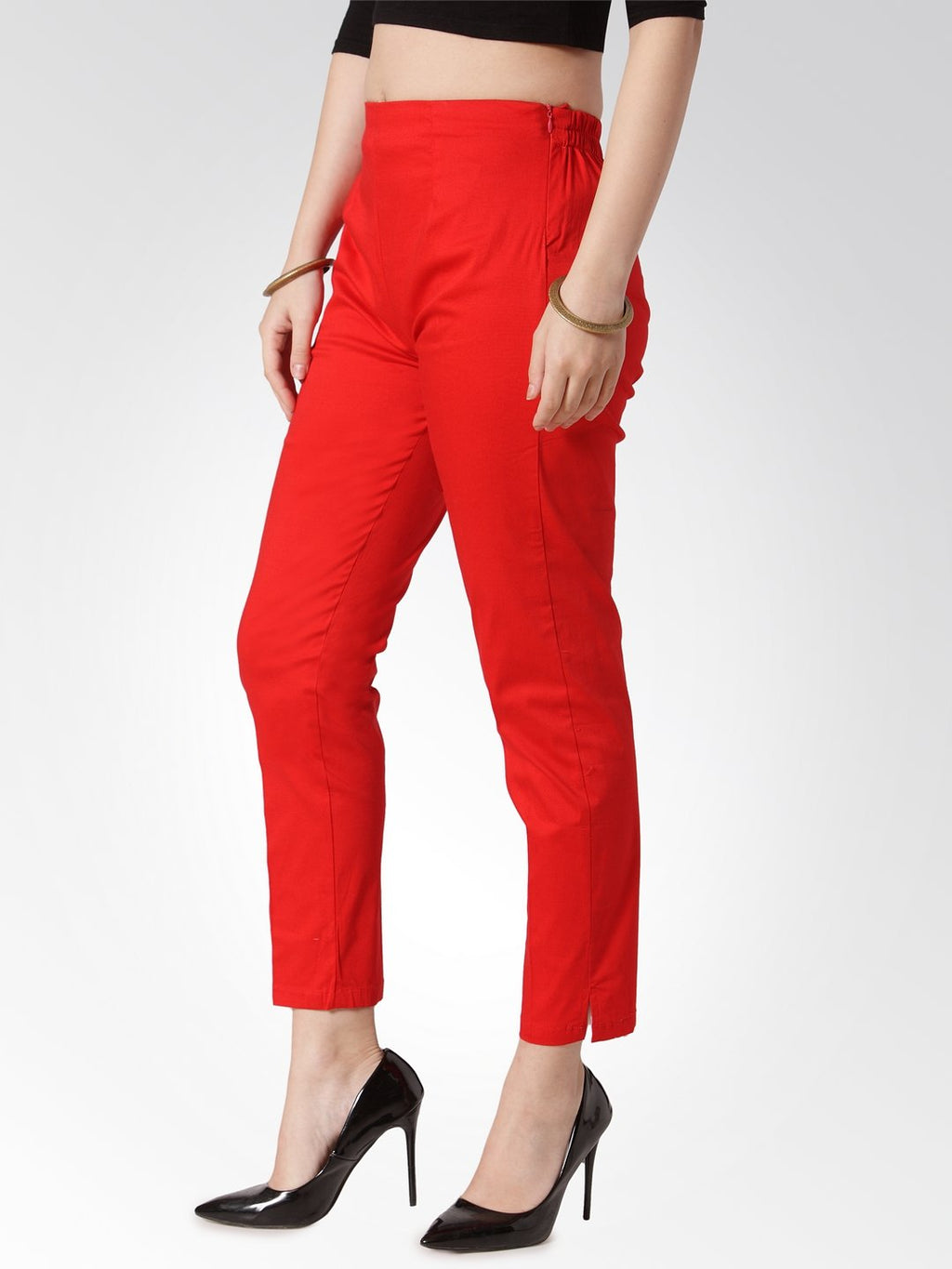 Jompers Women Red Smart Slim Fit Solid Regular Trousers | Grocsy