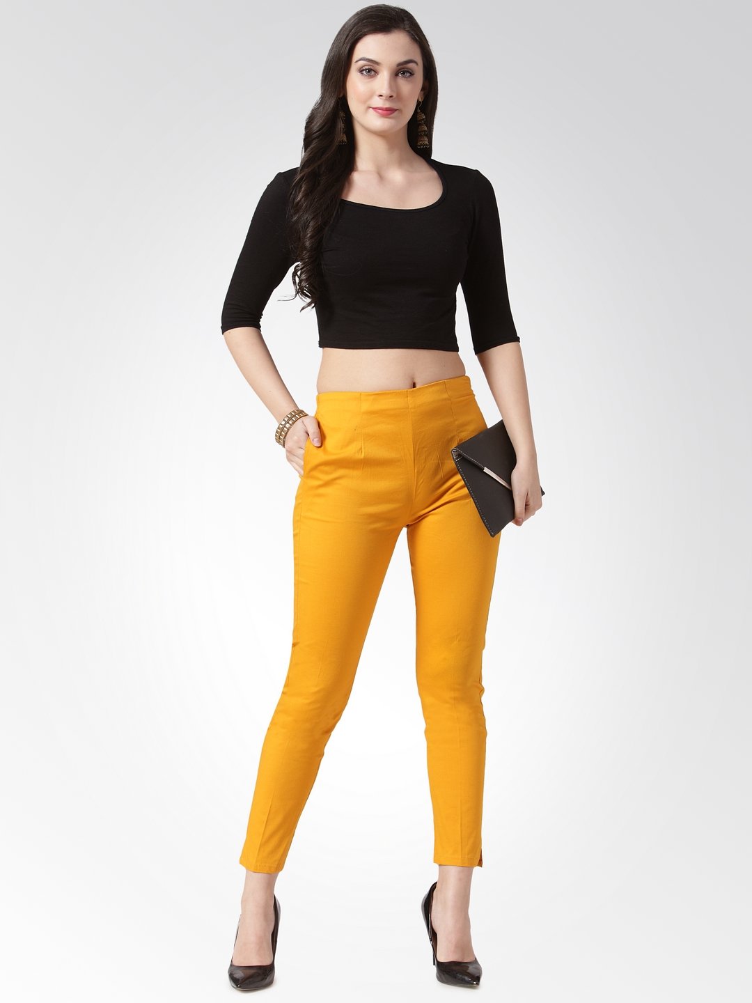 Jompers Women Mustard Smart Slim Fit Solid Regular Trousers ( Yellow ) | Grocsy