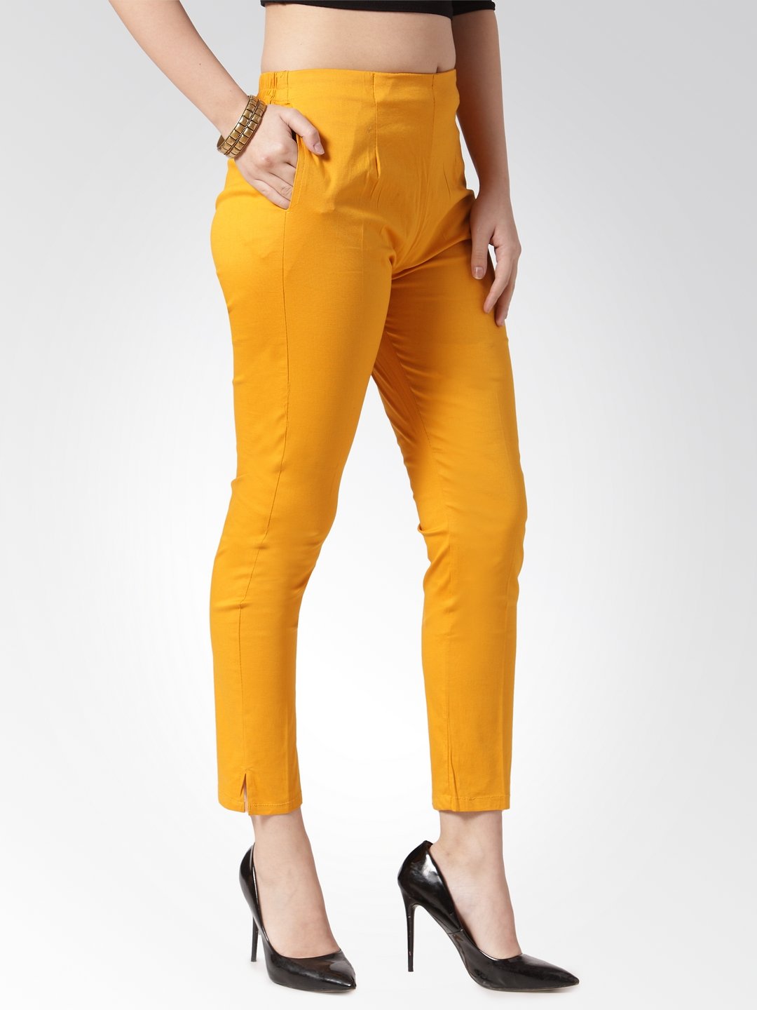 Jompers Women Mustard Smart Slim Fit Solid Regular Trousers ( Yellow ) | Grocsy
