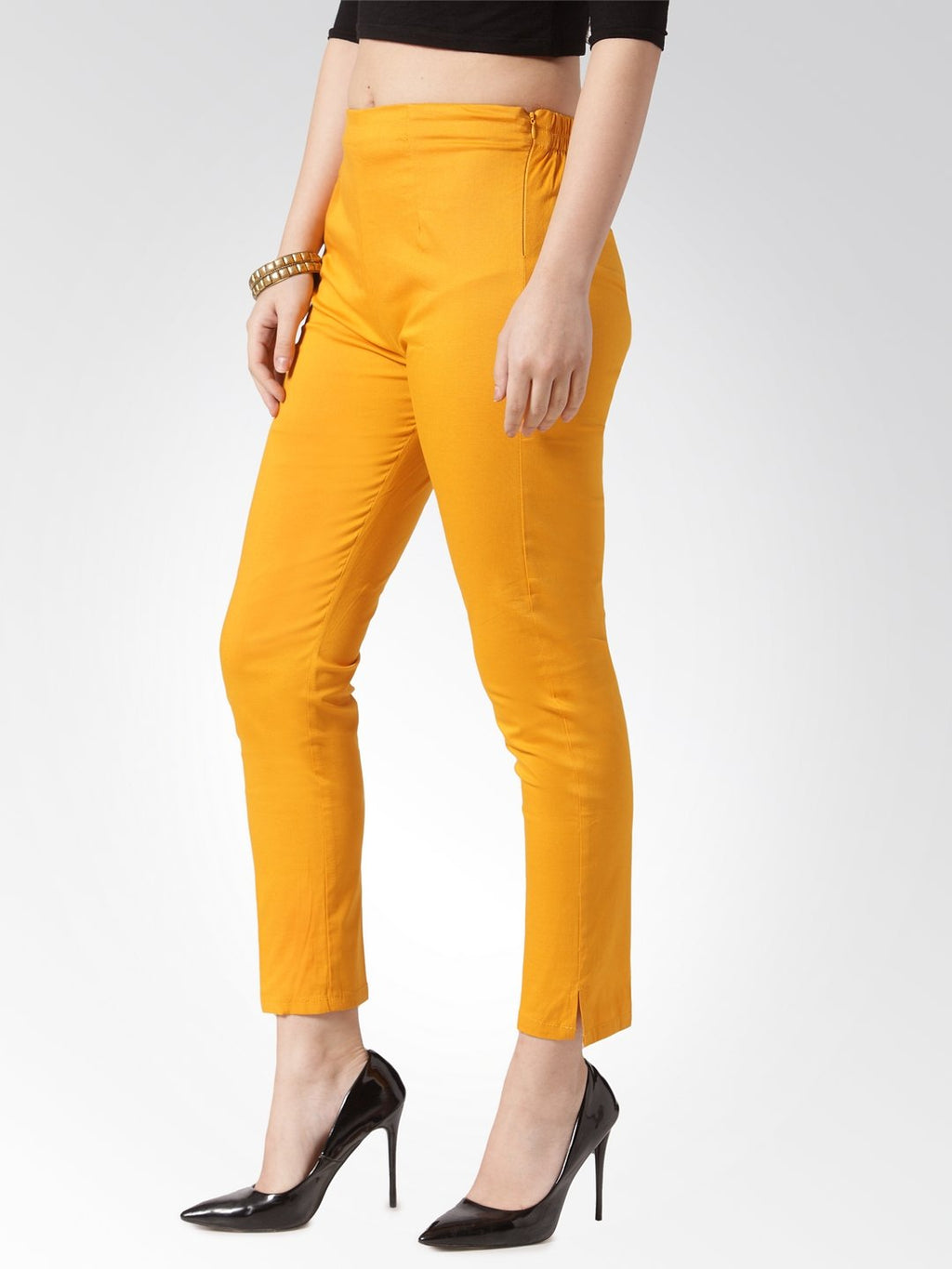 Jompers Women Mustard Smart Slim Fit Solid Regular Trousers ( Yellow ) | Grocsy