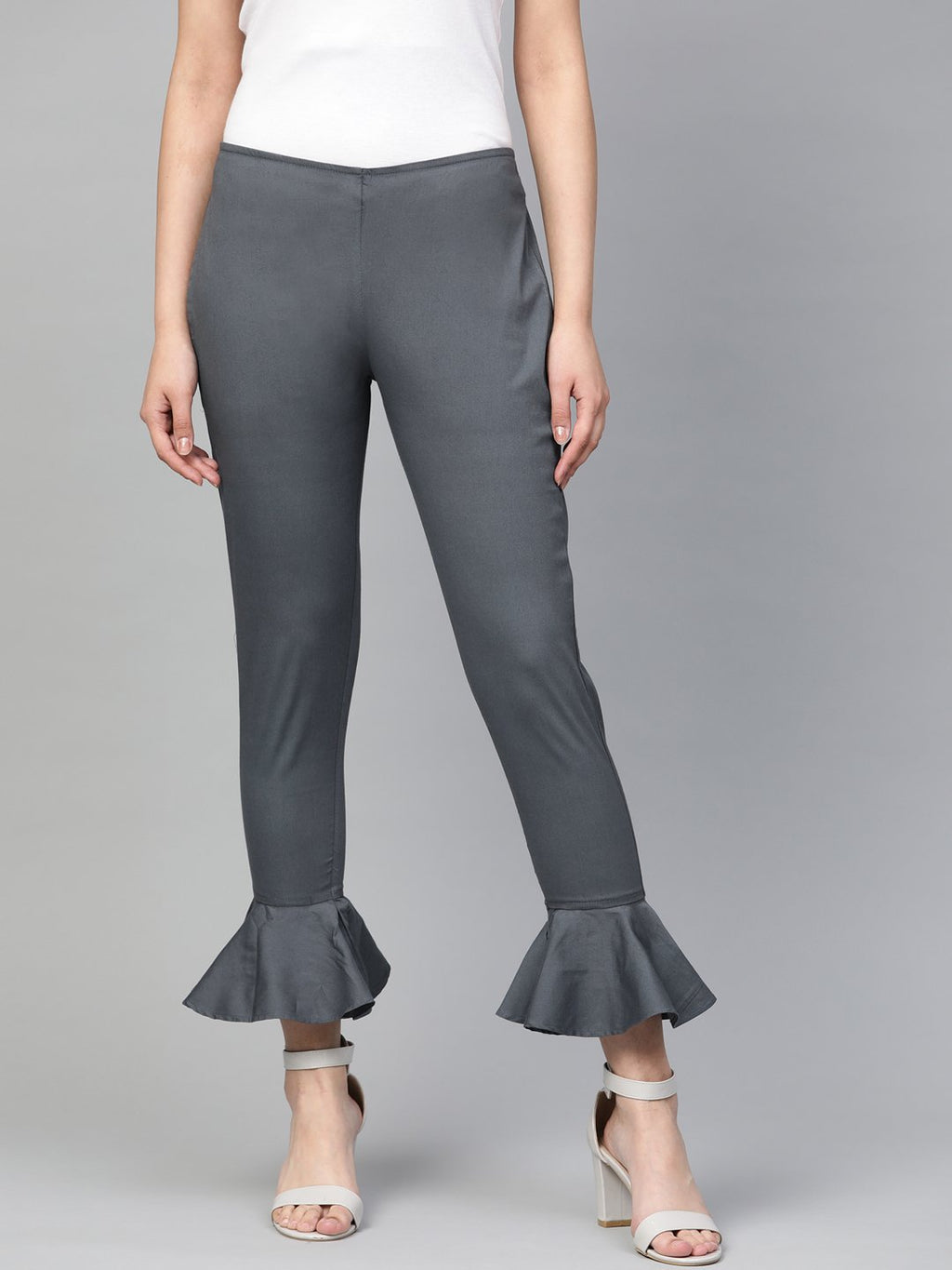 Jompers Women Grey Smart Fit Solid Bottom Flared Trousers | Grocsy