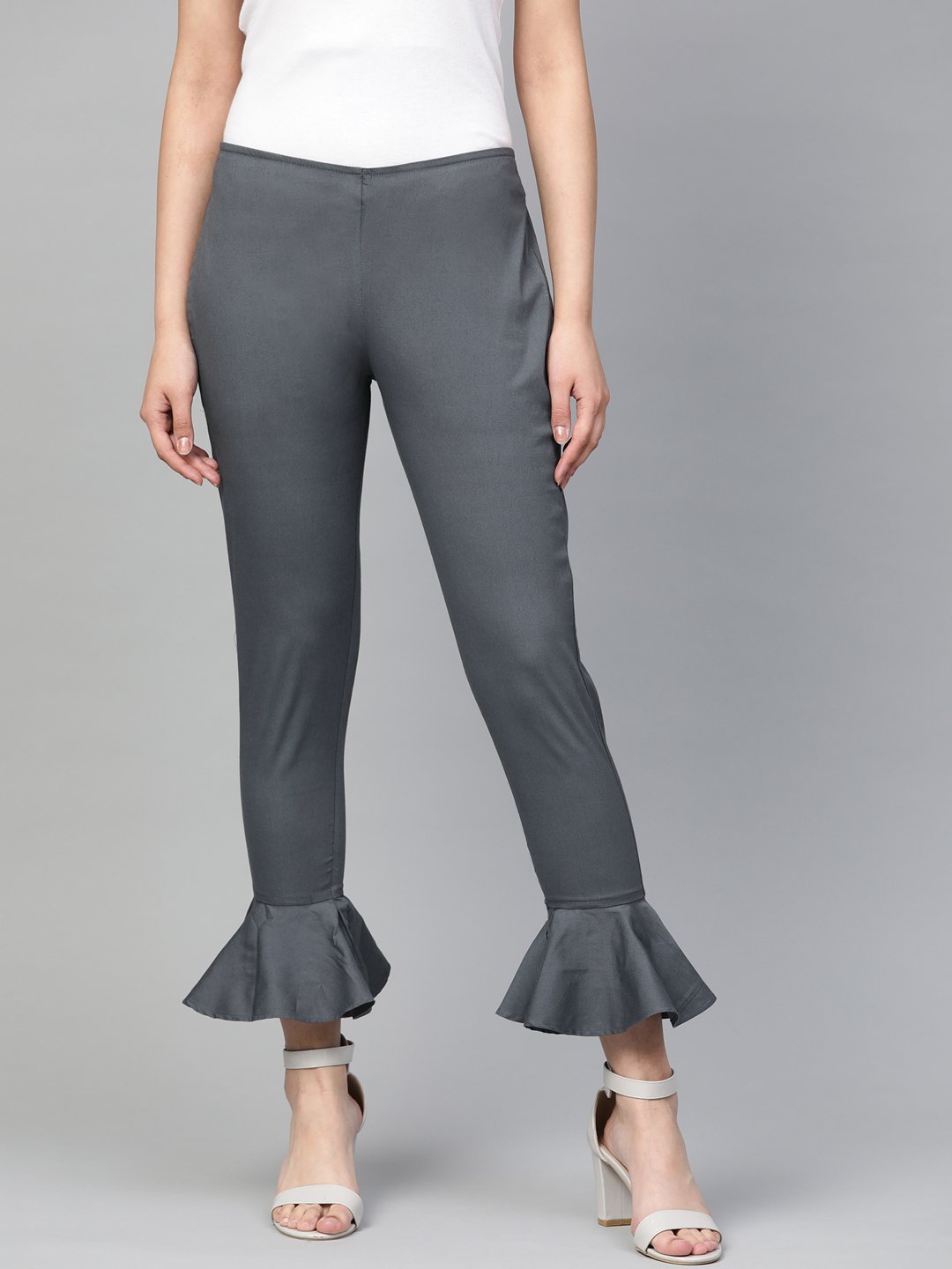 Jompers Women Grey Smart Fit Solid Bottom Flared Trousers | Grocsy