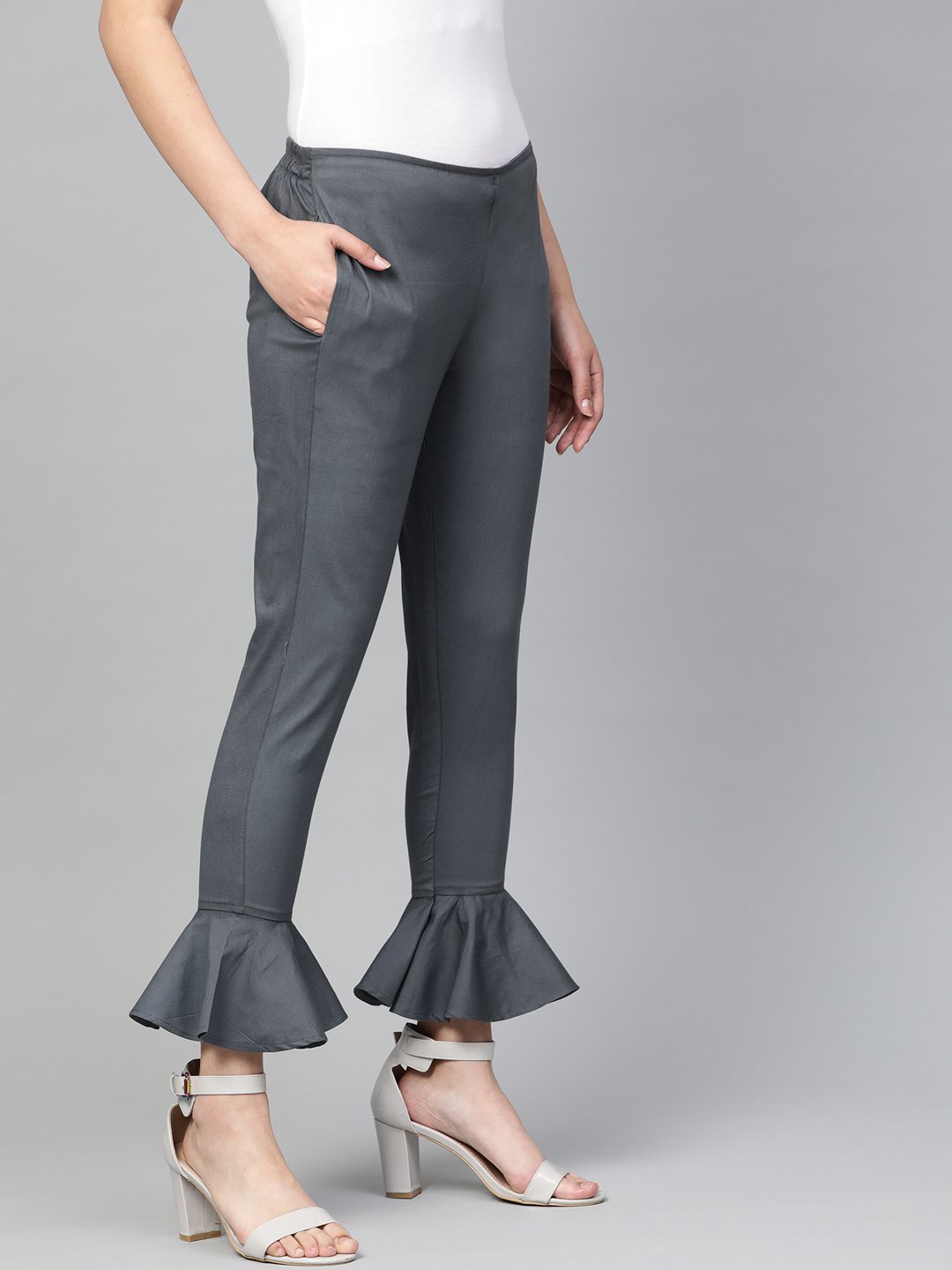 Jompers Women Grey Smart Fit Solid Bottom Flared Trousers | Grocsy