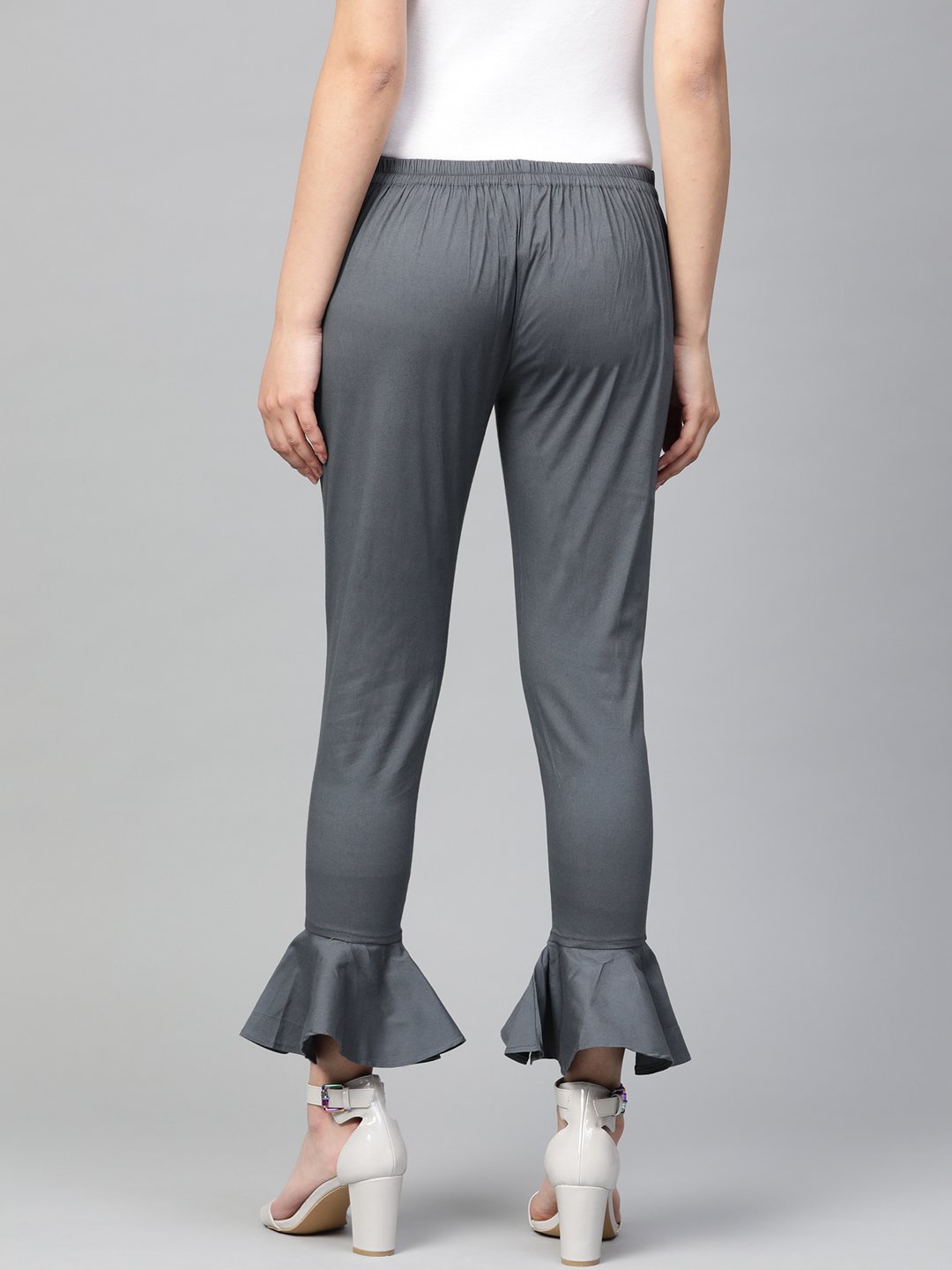 Jompers Women Grey Smart Fit Solid Bottom Flared Trousers | Grocsy
