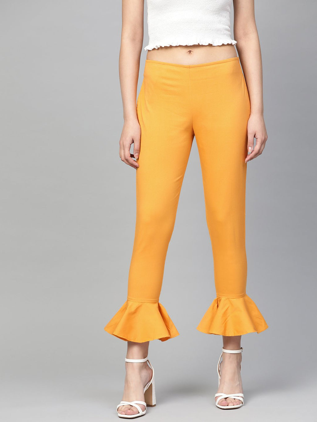 Jompers Women Mustard Smart Fit Solid Bottom Flared Trousers | Grocsy