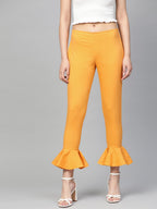 Jompers Women Mustard Smart Fit Solid Bottom Flared Trousers | Grocsy