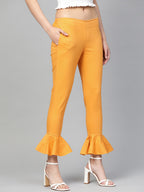 Jompers Women Mustard Smart Fit Solid Bottom Flared Trousers | Grocsy