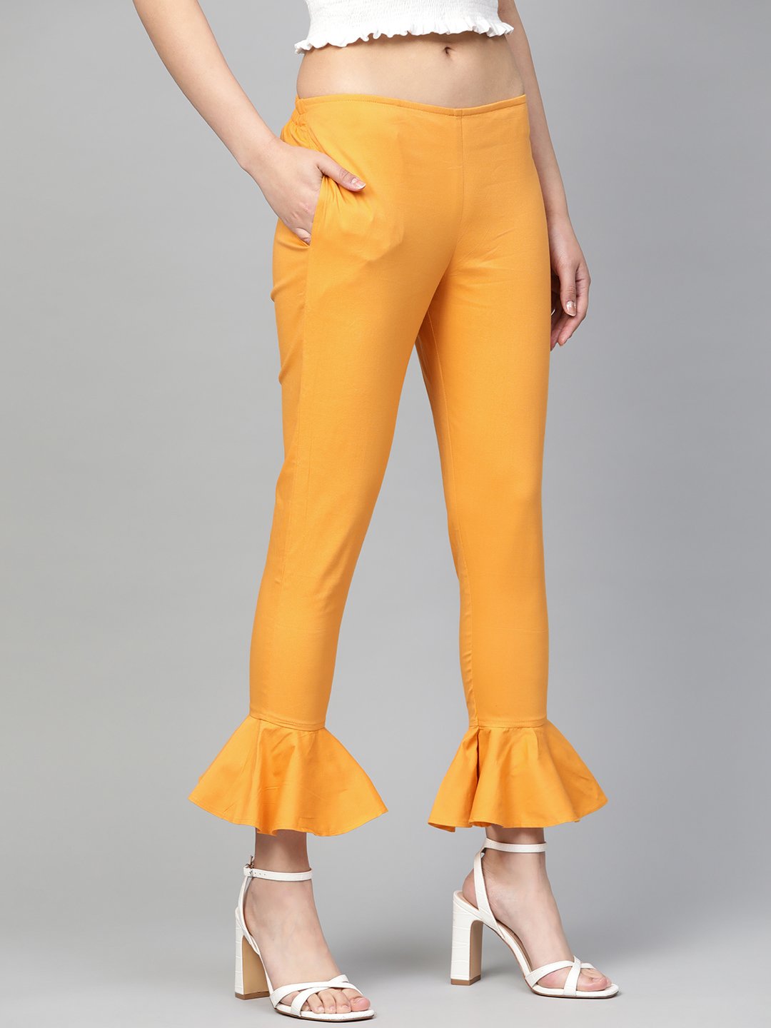 Jompers Women Mustard Smart Fit Solid Bottom Flared Trousers | Grocsy