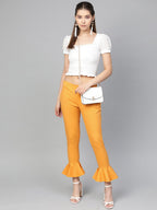 Jompers Women Mustard Smart Fit Solid Bottom Flared Trousers | Grocsy