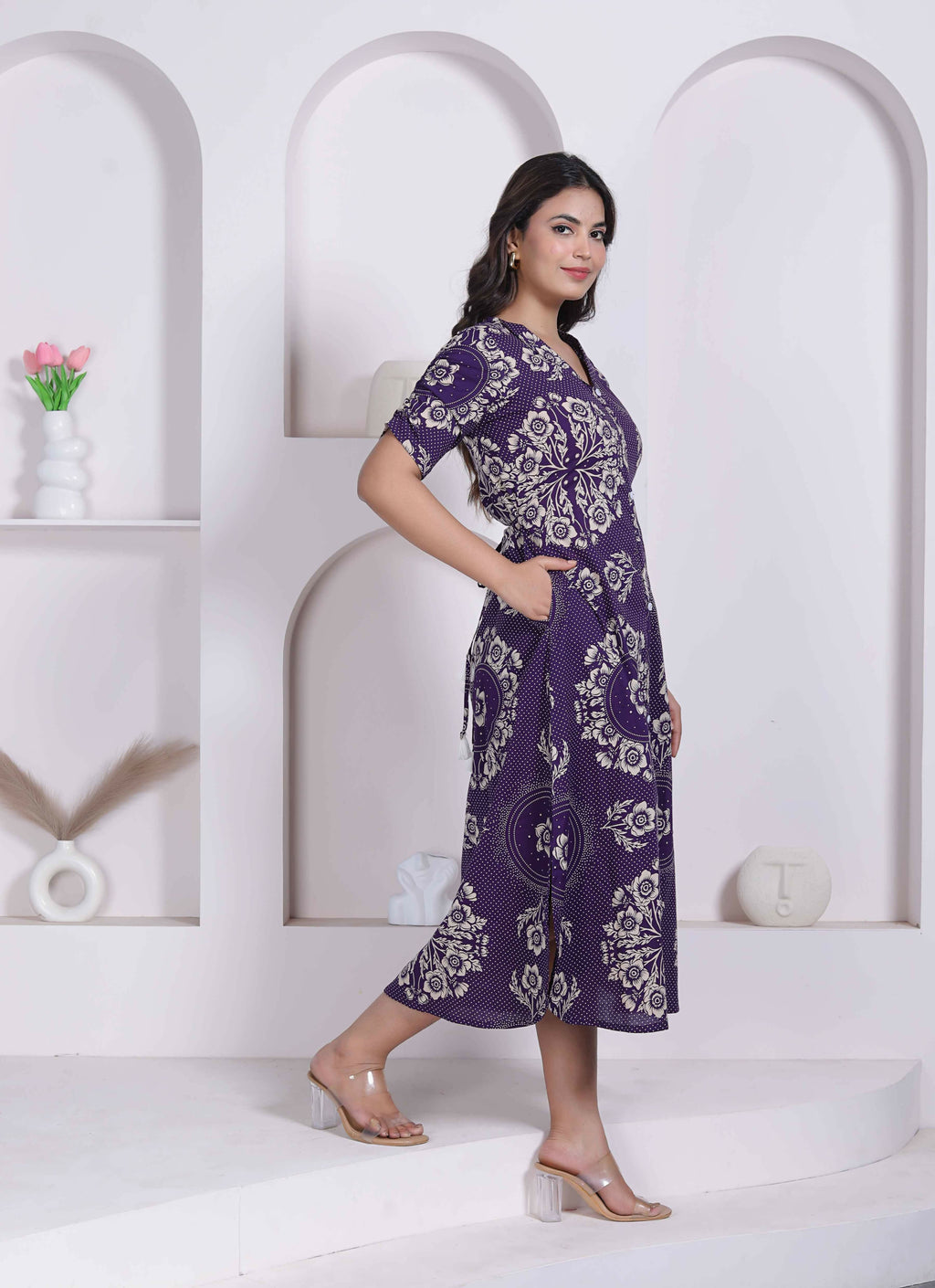 Miravan Womens Floral Printed A-Line Shirt Collar Maxi Dress | Grocsy