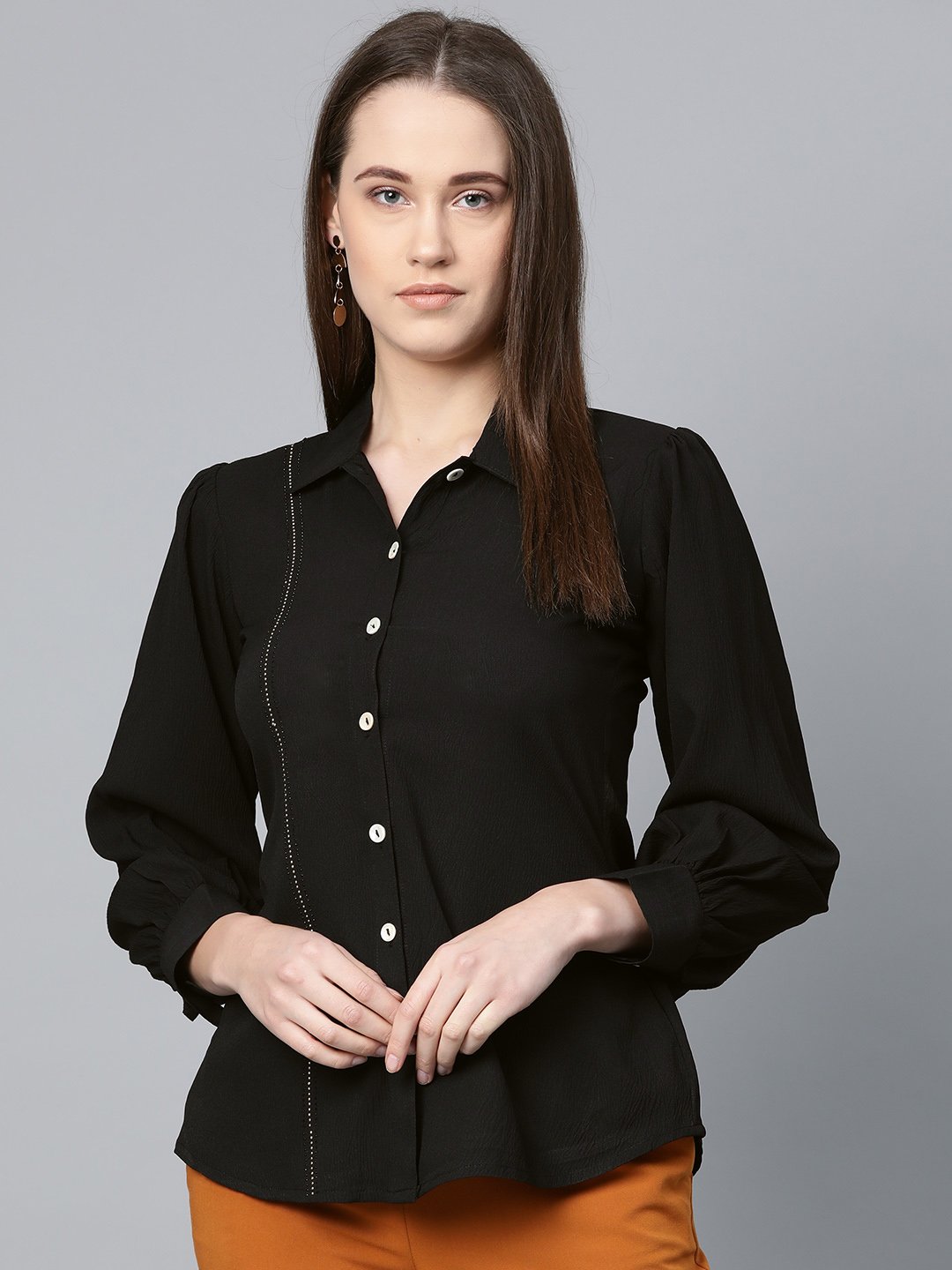 Jompers Women Black Regular Fit Crinkled Effect Casual Shirt | Grocsy