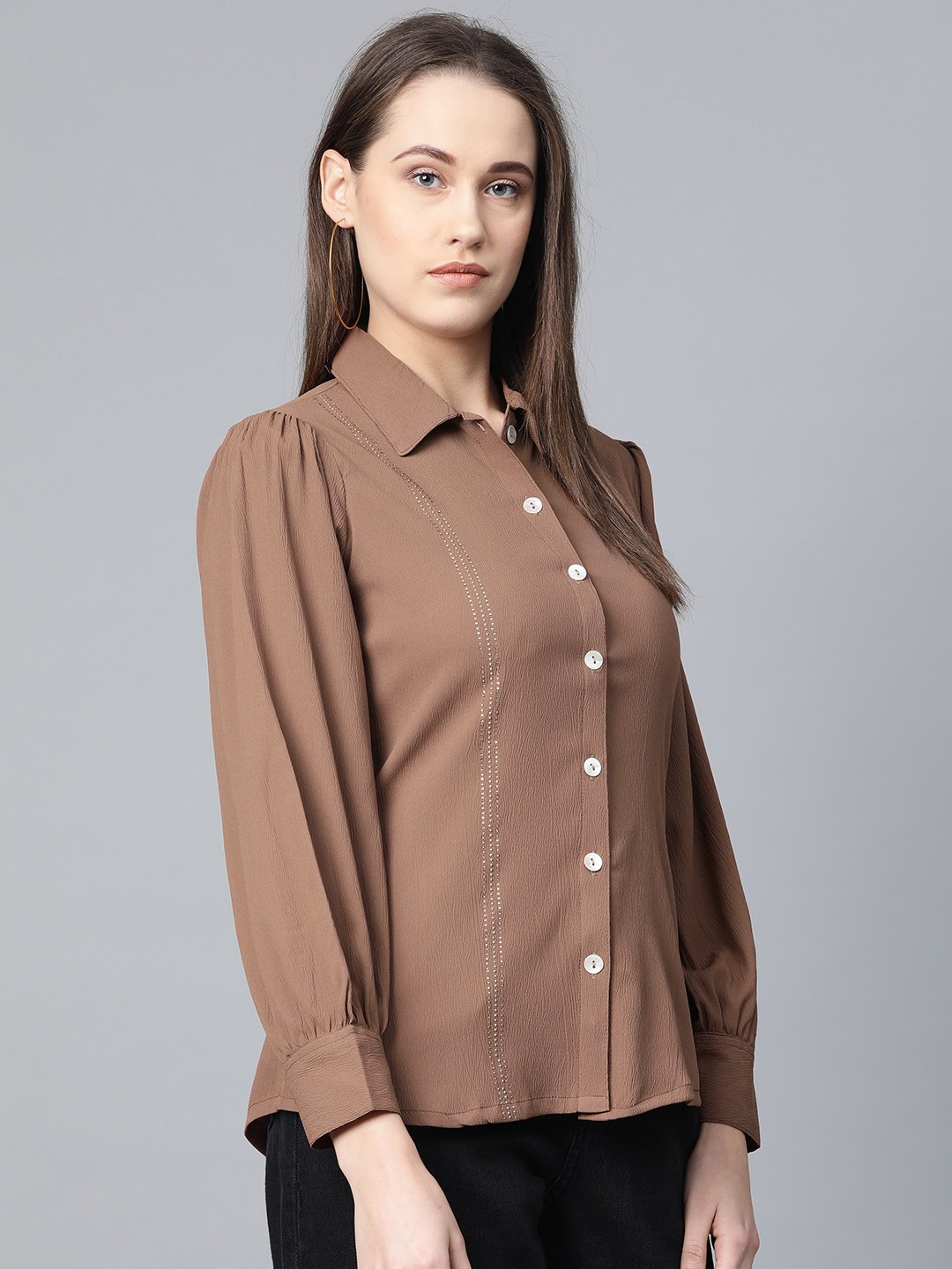 Jompers Women Brown Regular Fit Crinkled Effect Casual Shirt | Grocsy
