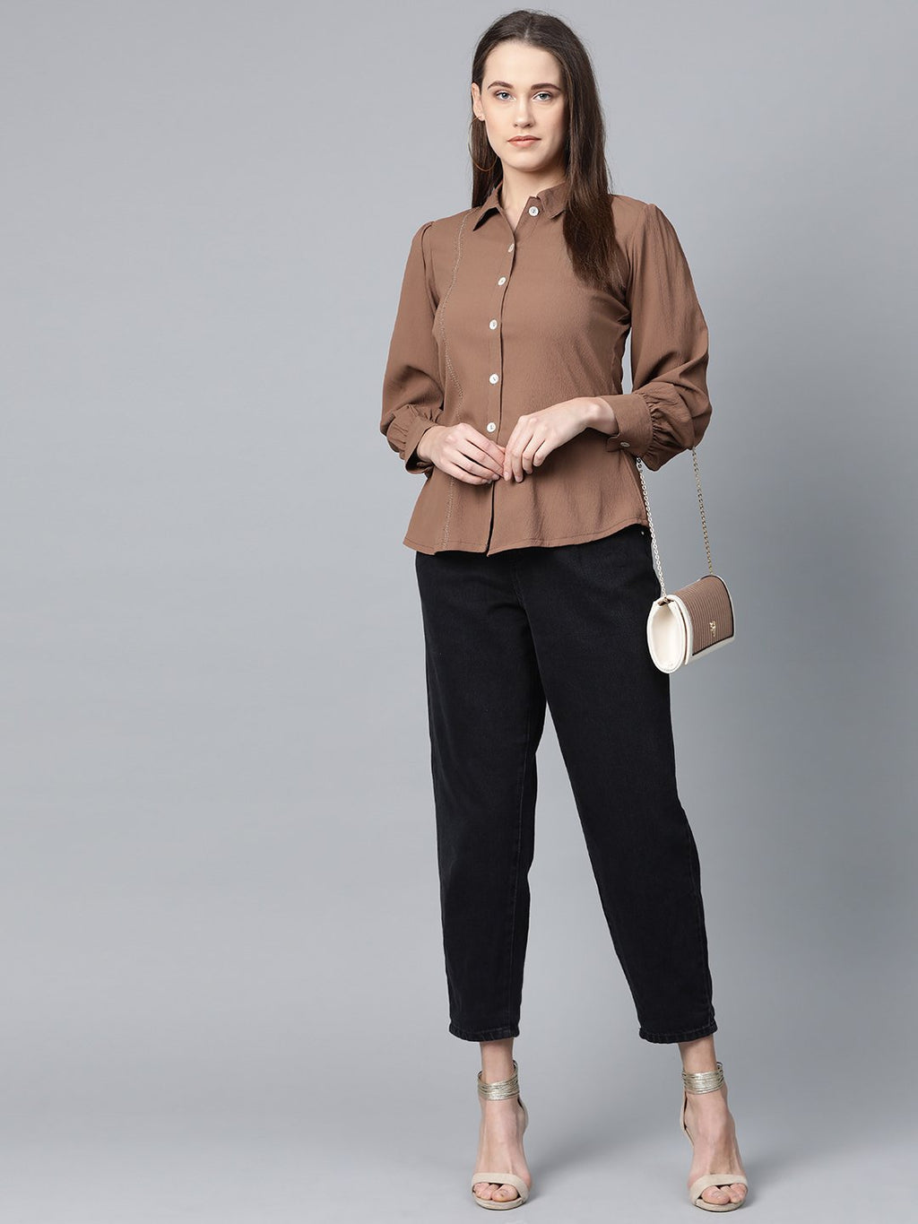 Jompers Women Brown Regular Fit Crinkled Effect Casual Shirt | Grocsy