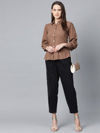 Jompers Women Brown Regular Fit Crinkled Effect Casual Shirt | Grocsy