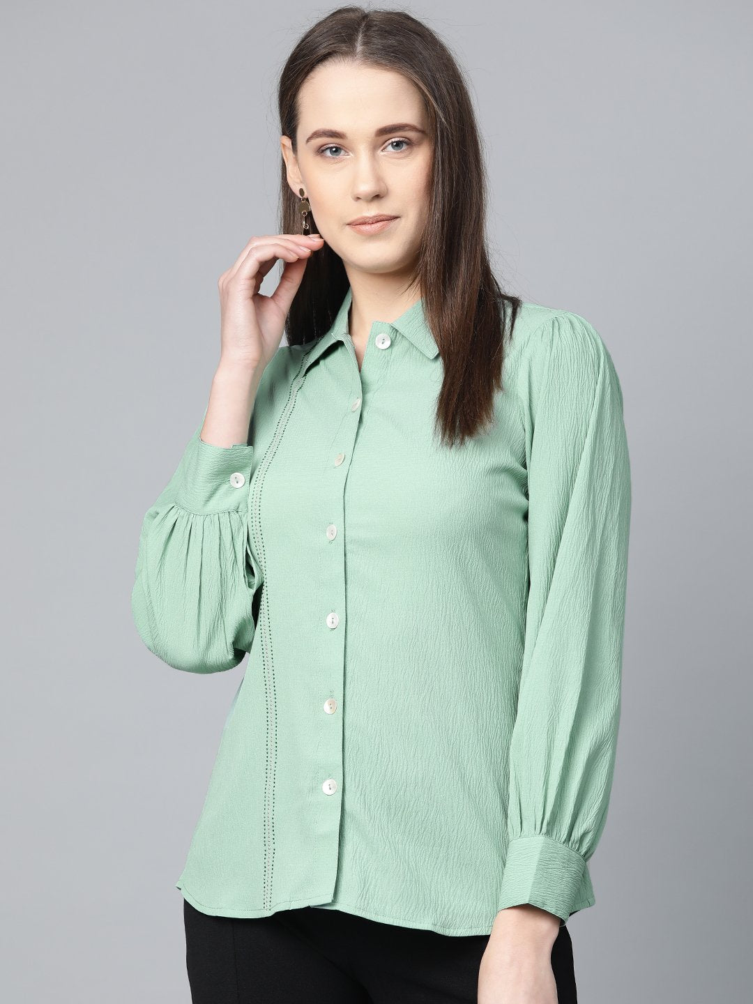 Jompers Women Green Regular Fit Crinkled Effect Casual Shirt | Grocsy