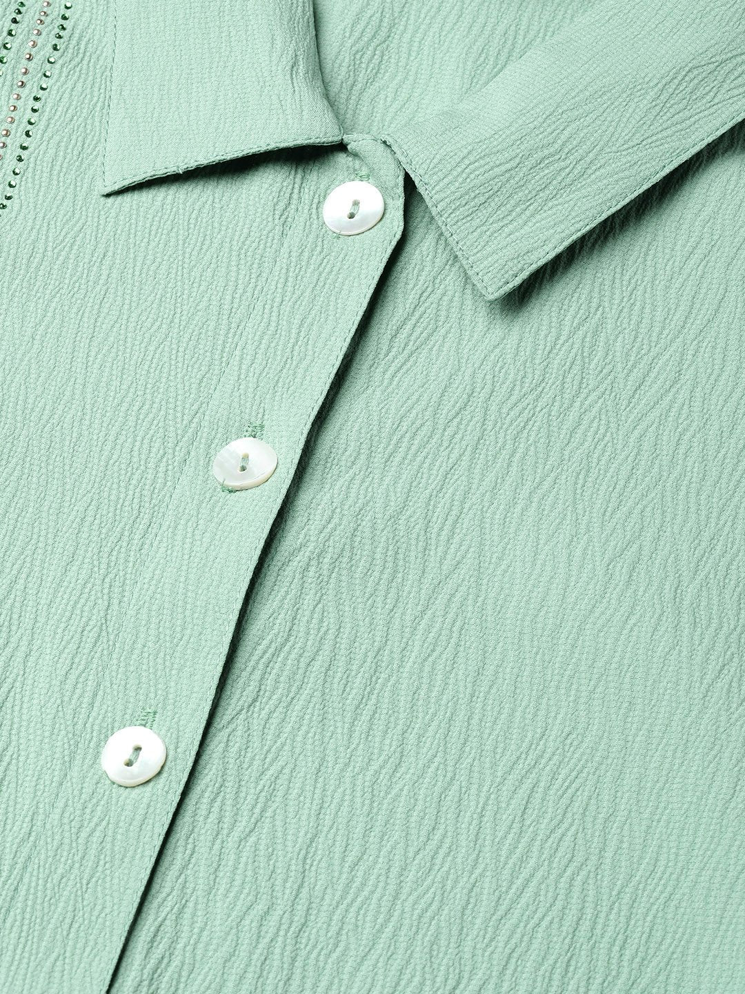 Jompers Women Green Regular Fit Crinkled Effect Casual Shirt | Grocsy