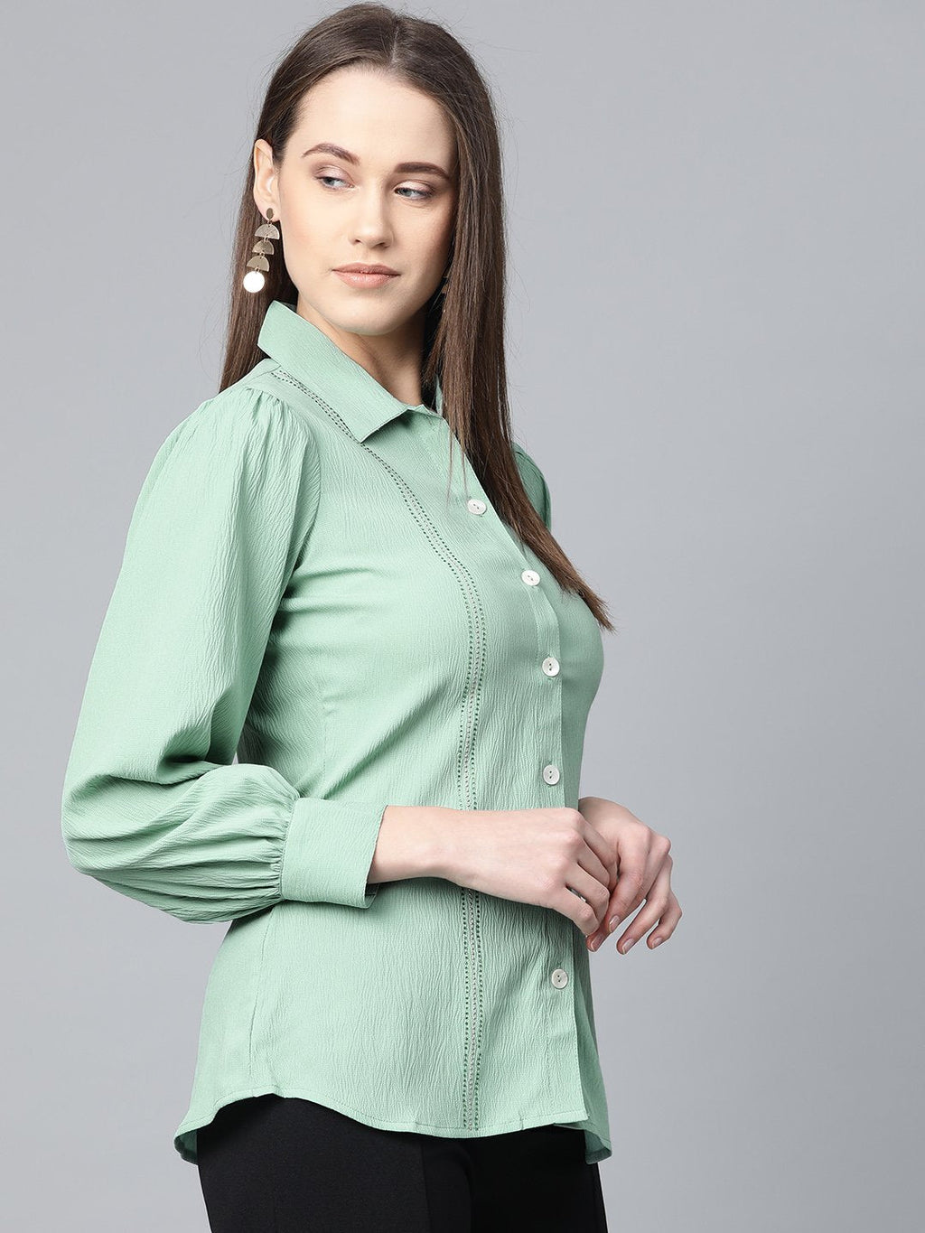 Jompers Women Green Regular Fit Crinkled Effect Casual Shirt | Grocsy
