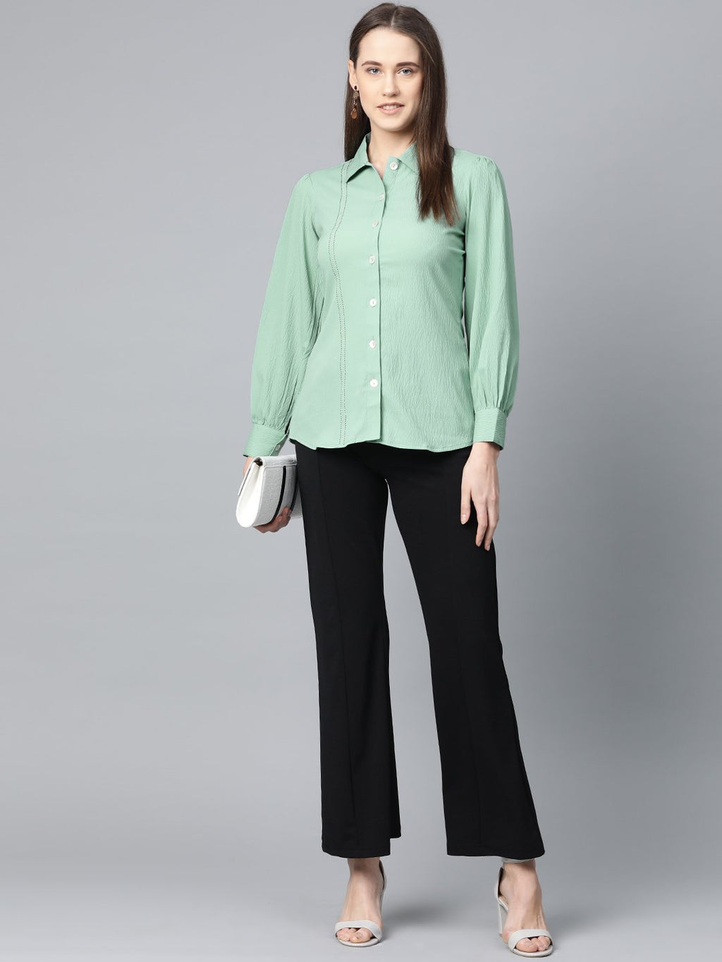 Jompers Women Green Regular Fit Crinkled Effect Casual Shirt | Grocsy