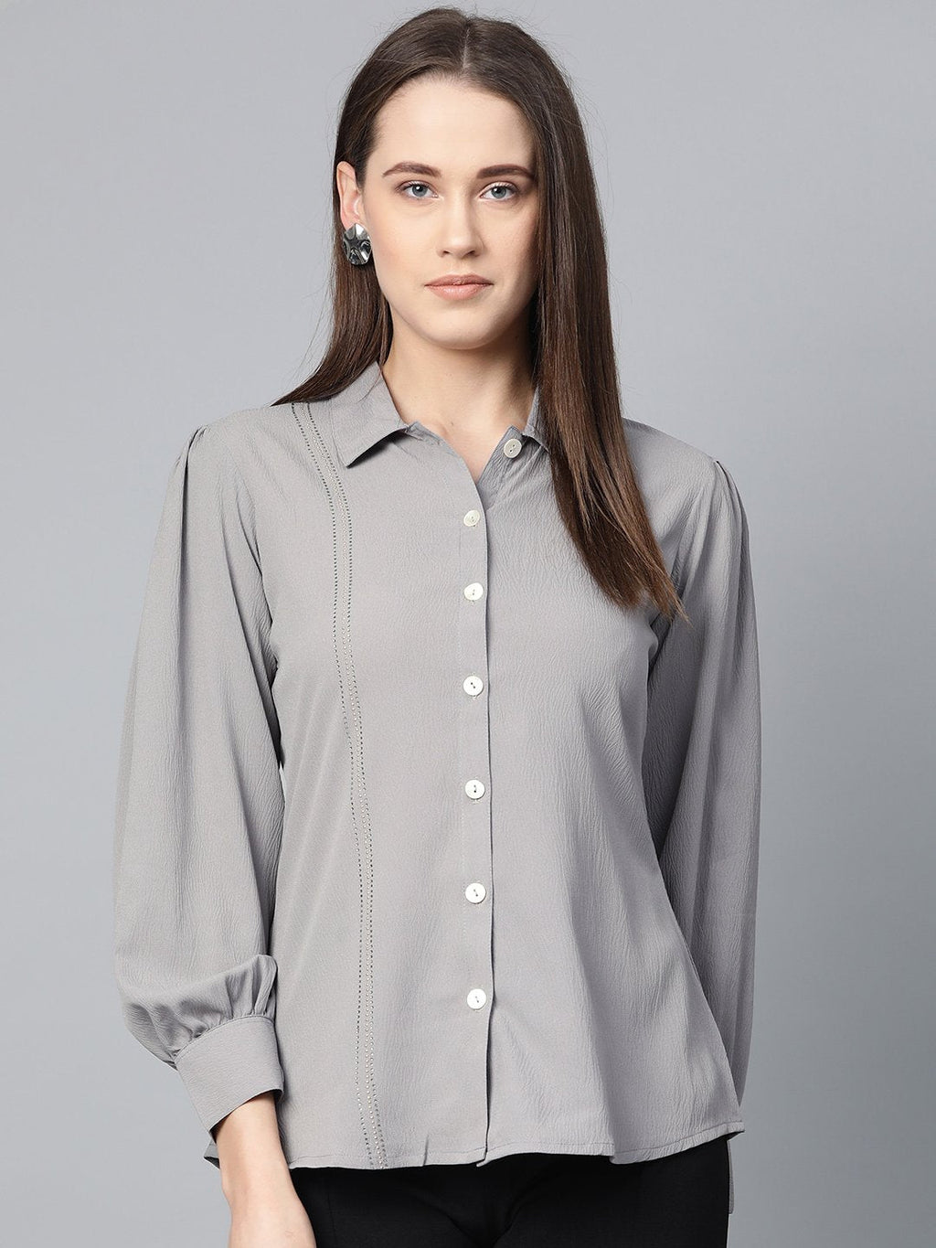 Jompers Women Grey Regular Fit Crinkled Effect Casual Shirt | Grocsy