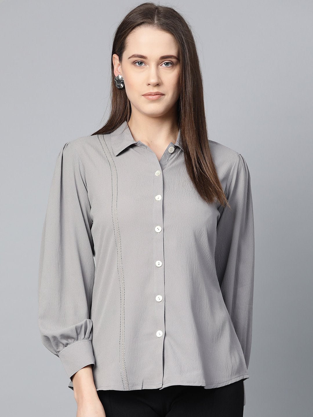 Jompers Women Grey Regular Fit Crinkled Effect Casual Shirt | Grocsy