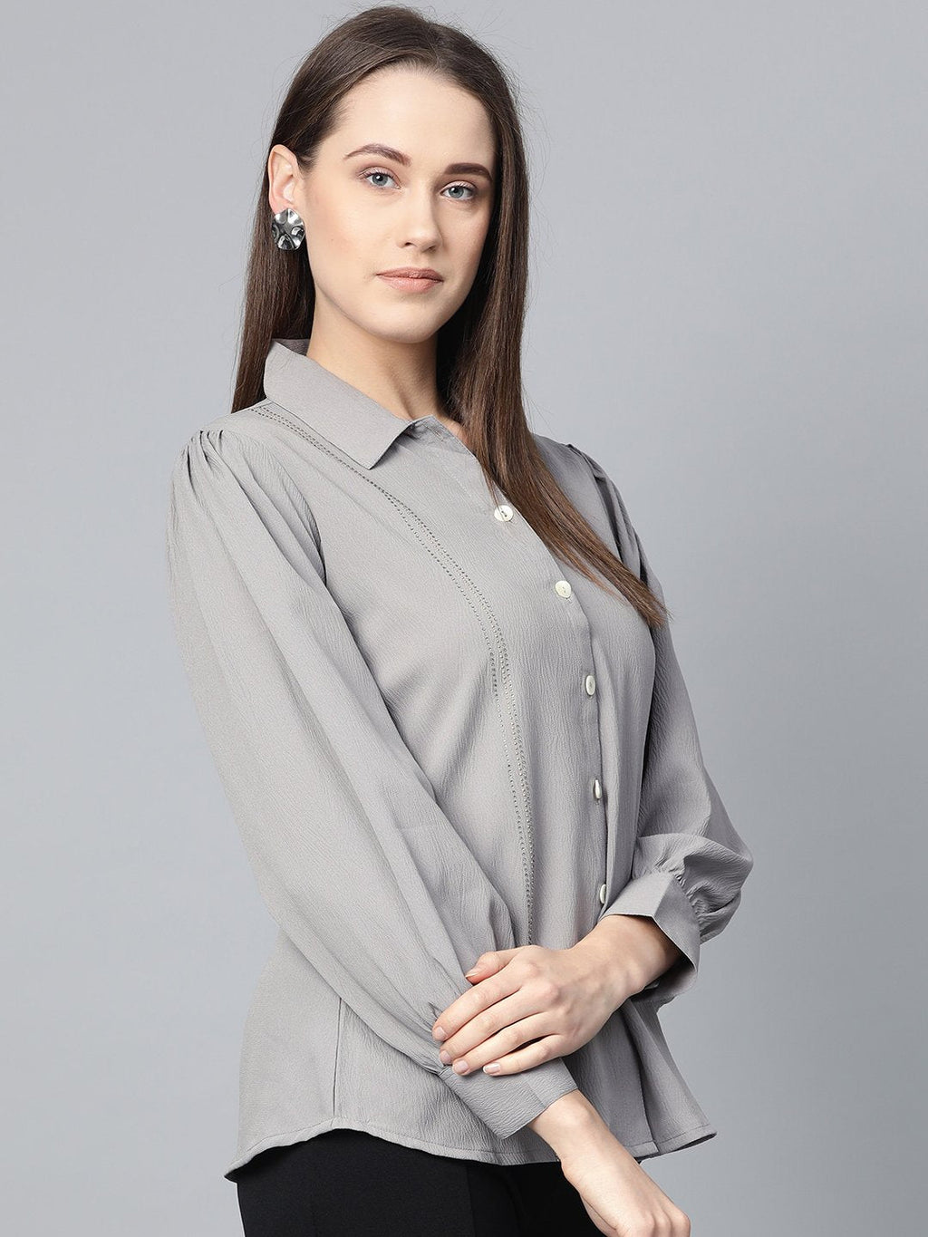Jompers Women Grey Regular Fit Crinkled Effect Casual Shirt | Grocsy