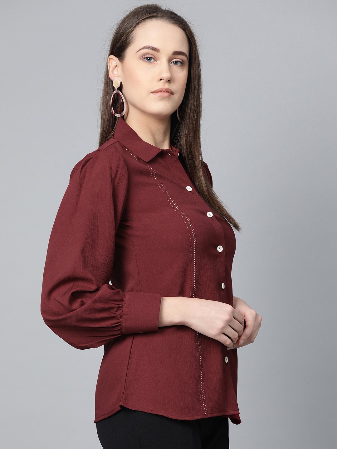 Jompers Women Maroon Regular Fit Crinkled Effect Casual Shirt | Grocsy