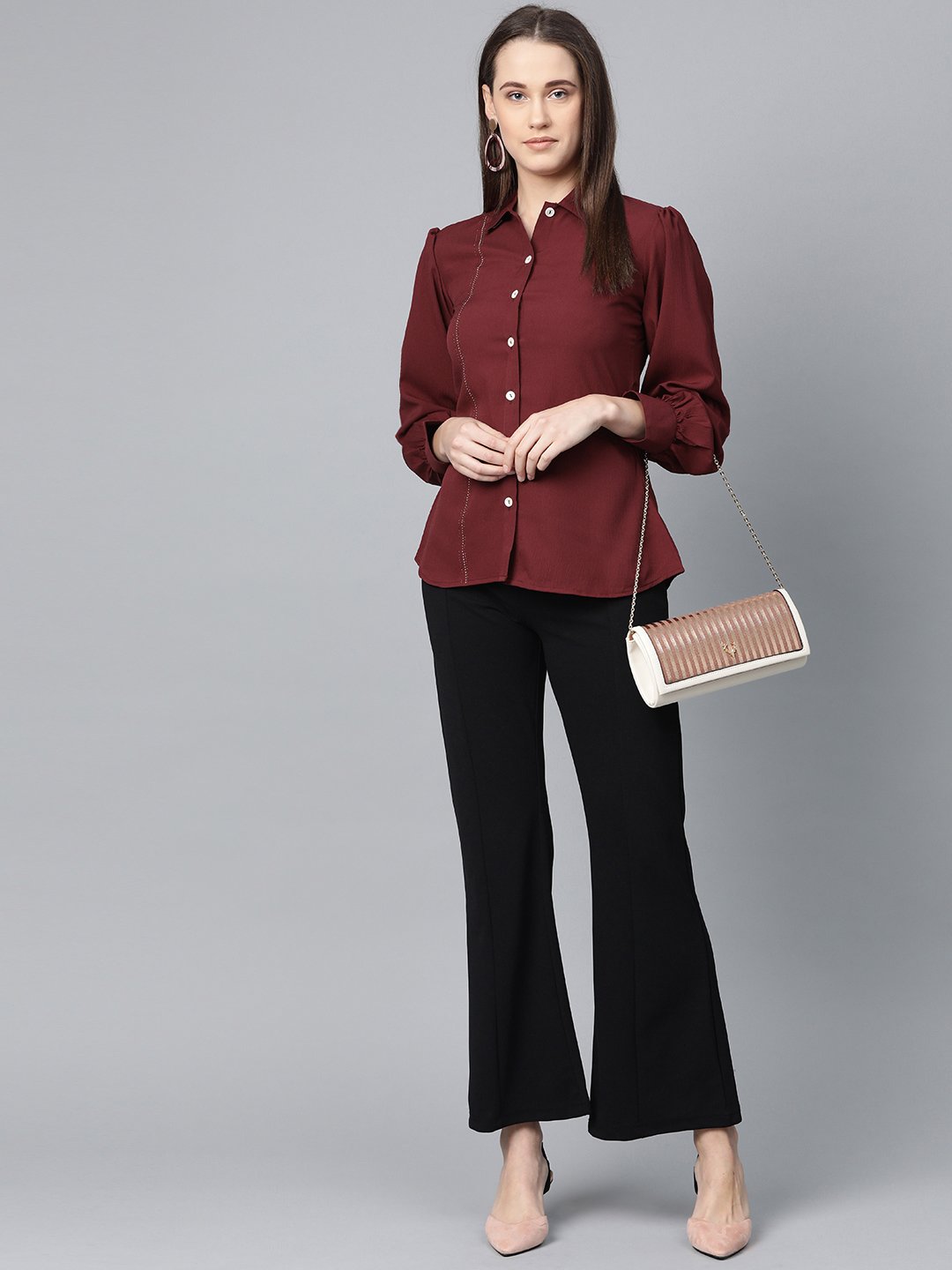 Jompers Women Maroon Regular Fit Crinkled Effect Casual Shirt | Grocsy