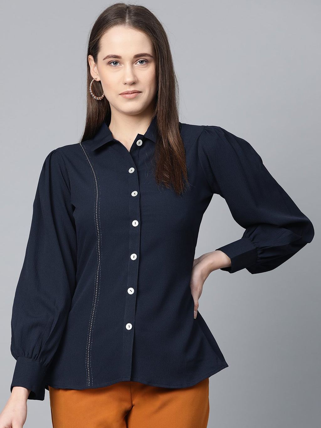 Jompers Women Navy Blue Regular Fit Crinkled Effect Casual Shirt | Grocsy