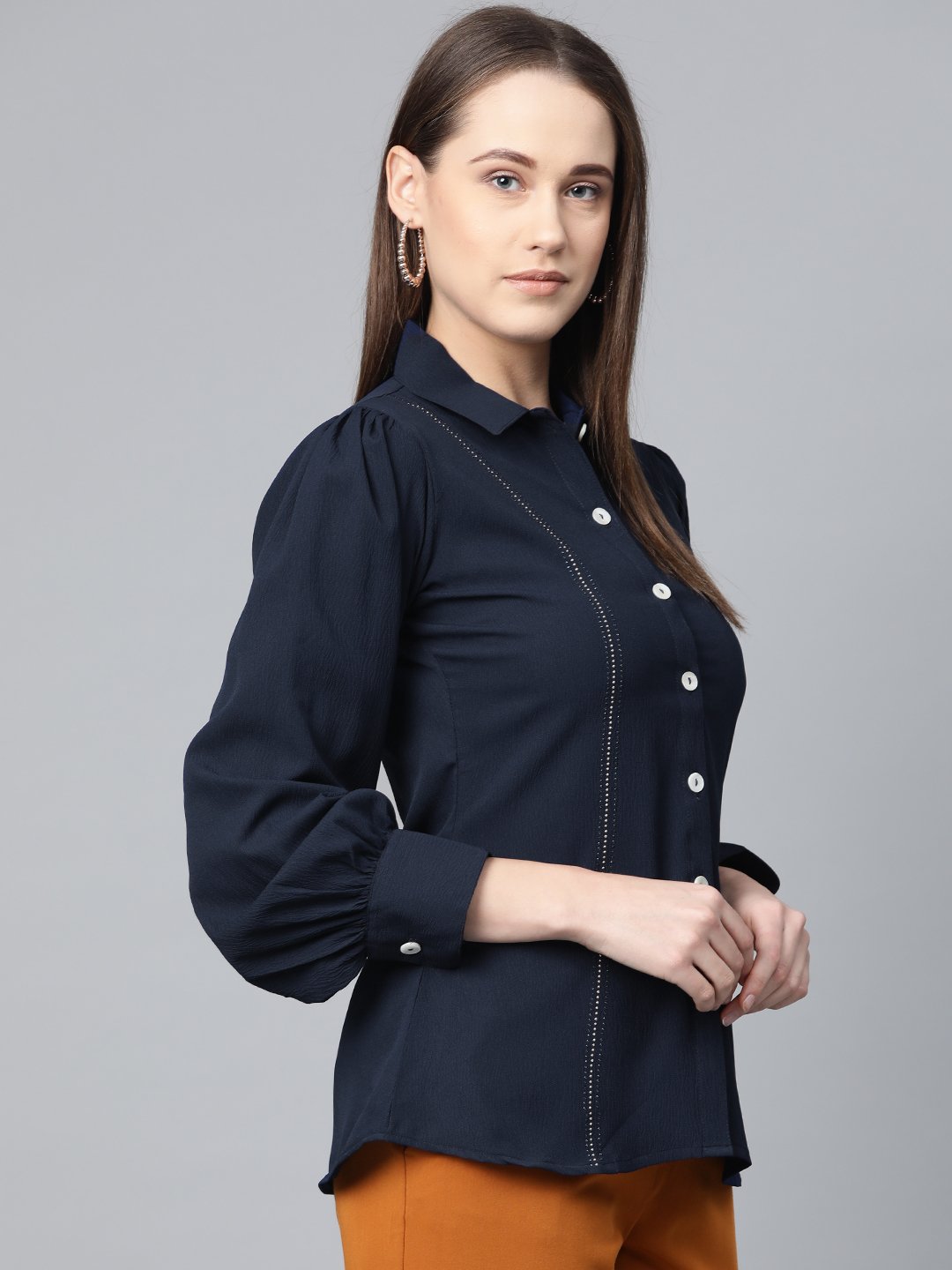 Jompers Women Navy Blue Regular Fit Crinkled Effect Casual Shirt | Grocsy