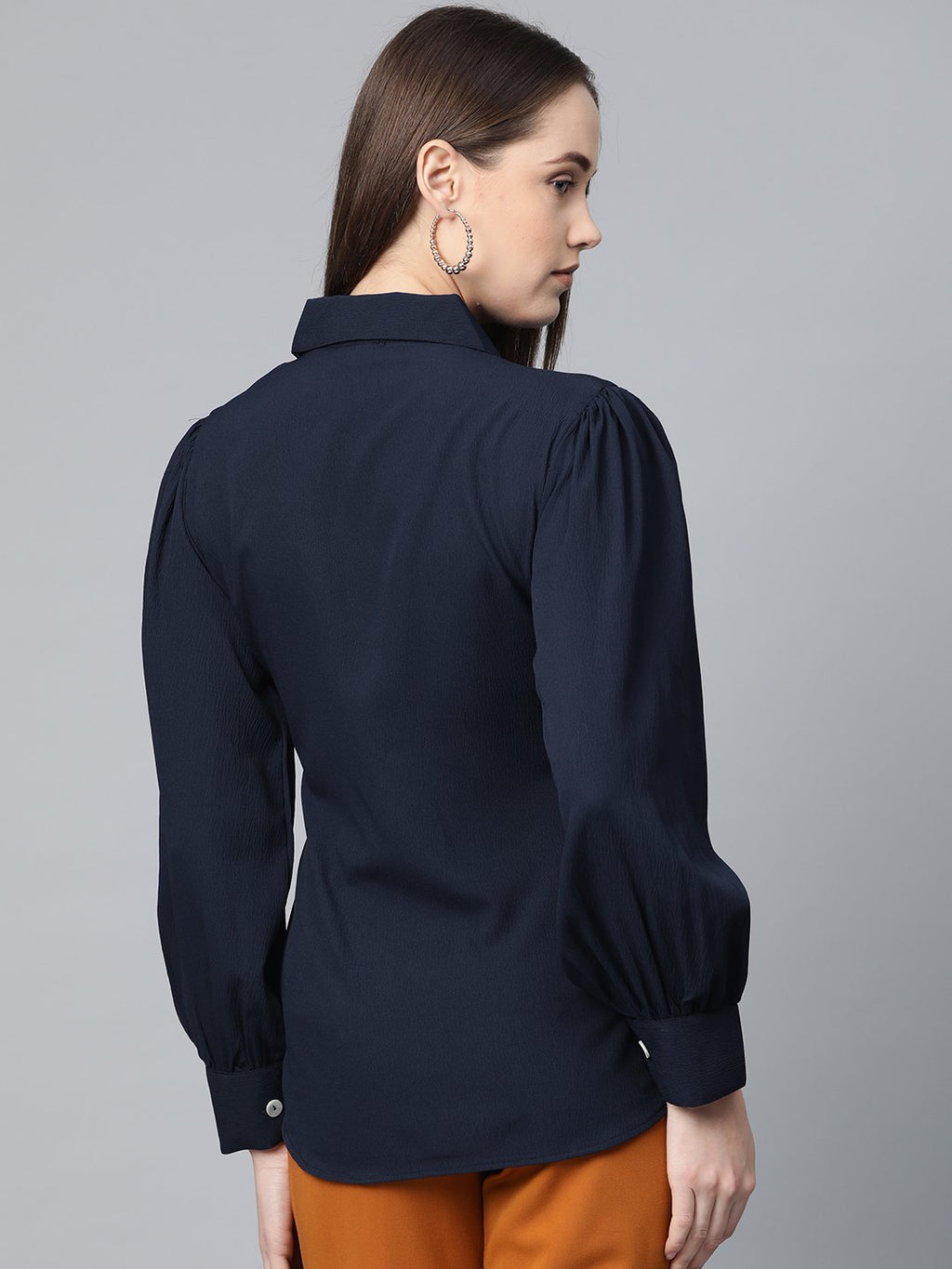 Jompers Women Navy Blue Regular Fit Crinkled Effect Casual Shirt | Grocsy