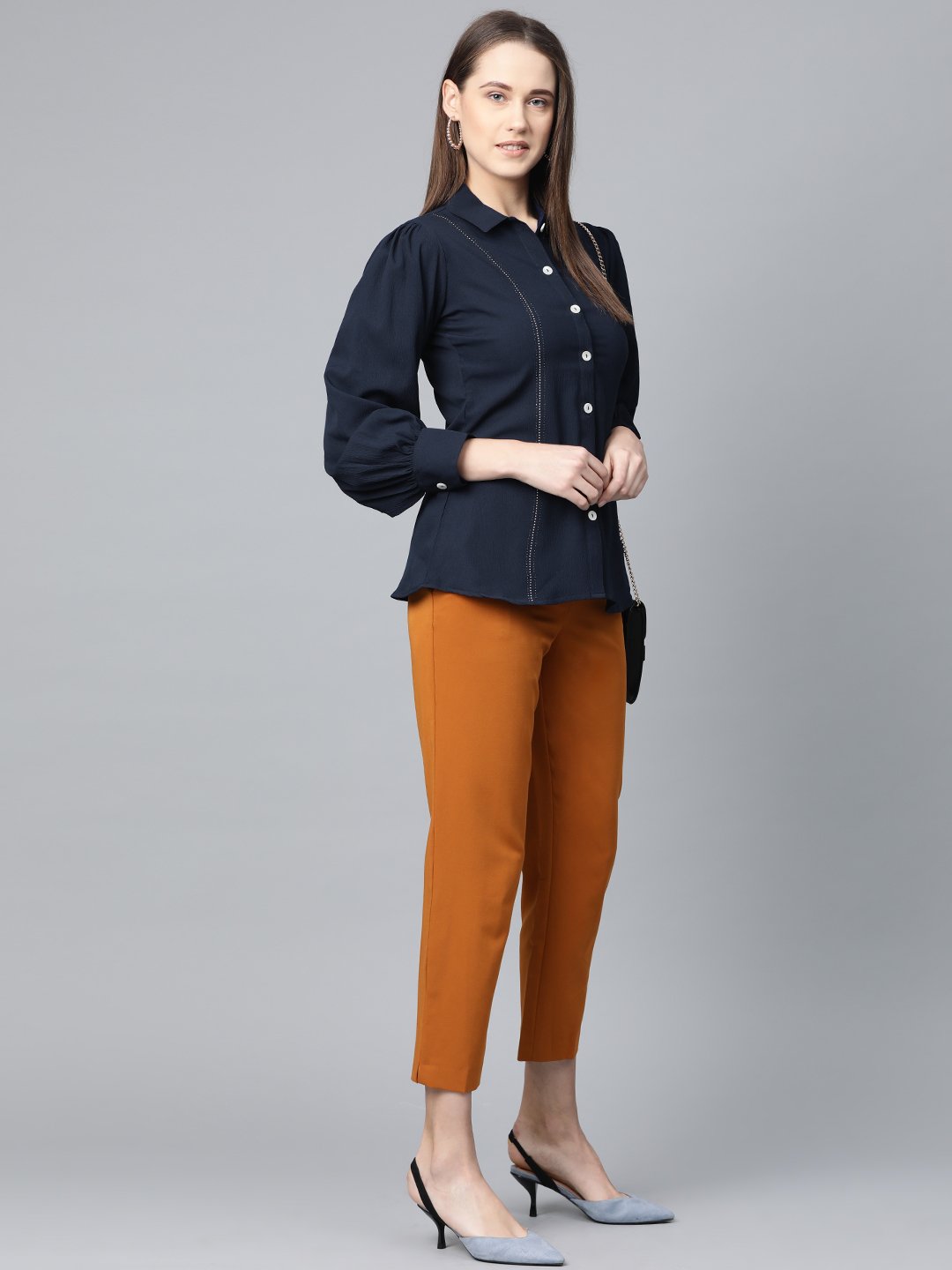 Jompers Women Navy Blue Regular Fit Crinkled Effect Casual Shirt | Grocsy