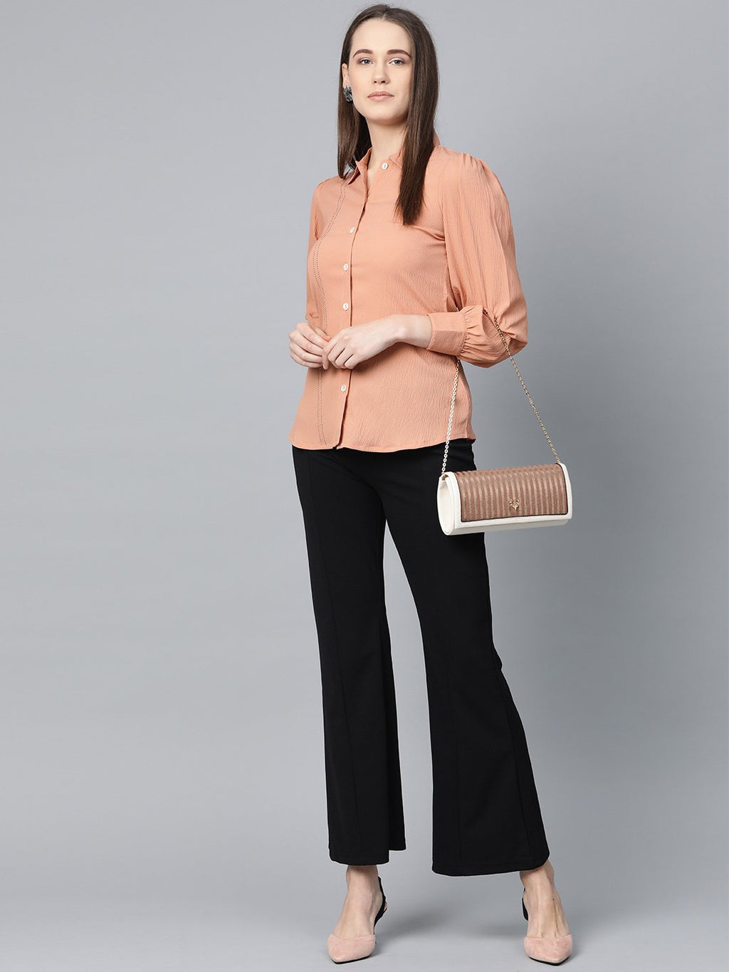 Jompers Women Peach Regular Fit Crinkled Effect Casual Shirt | Grocsy