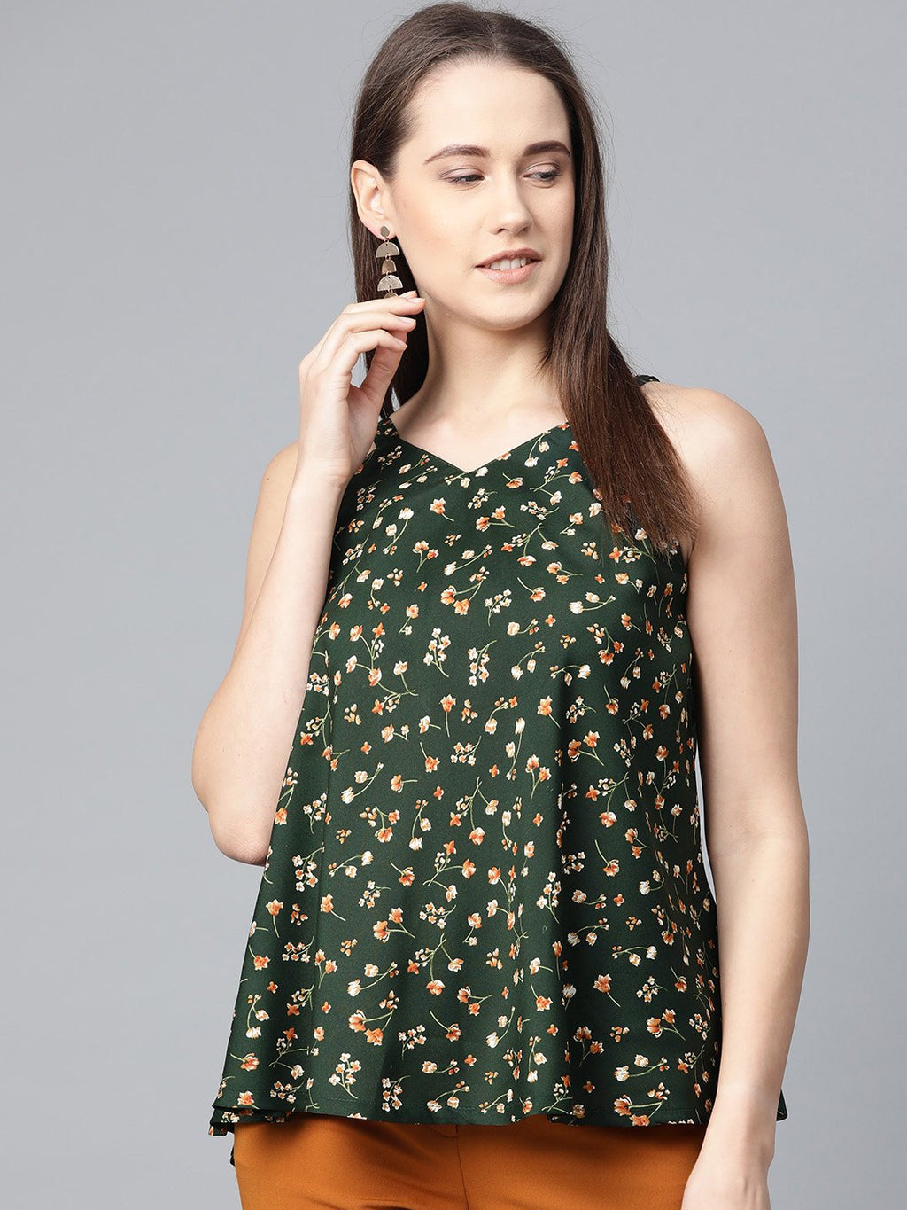 Jompers Women Green & Brown Printed A-Line Top | Grocsy