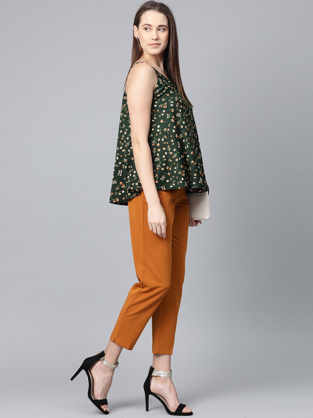 Jompers Women Green & Brown Printed A-Line Top | Grocsy