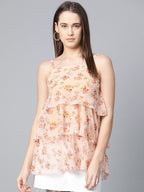 Jompers Women Peach-Coloured & Grey Printed Tiered Top | Grocsy